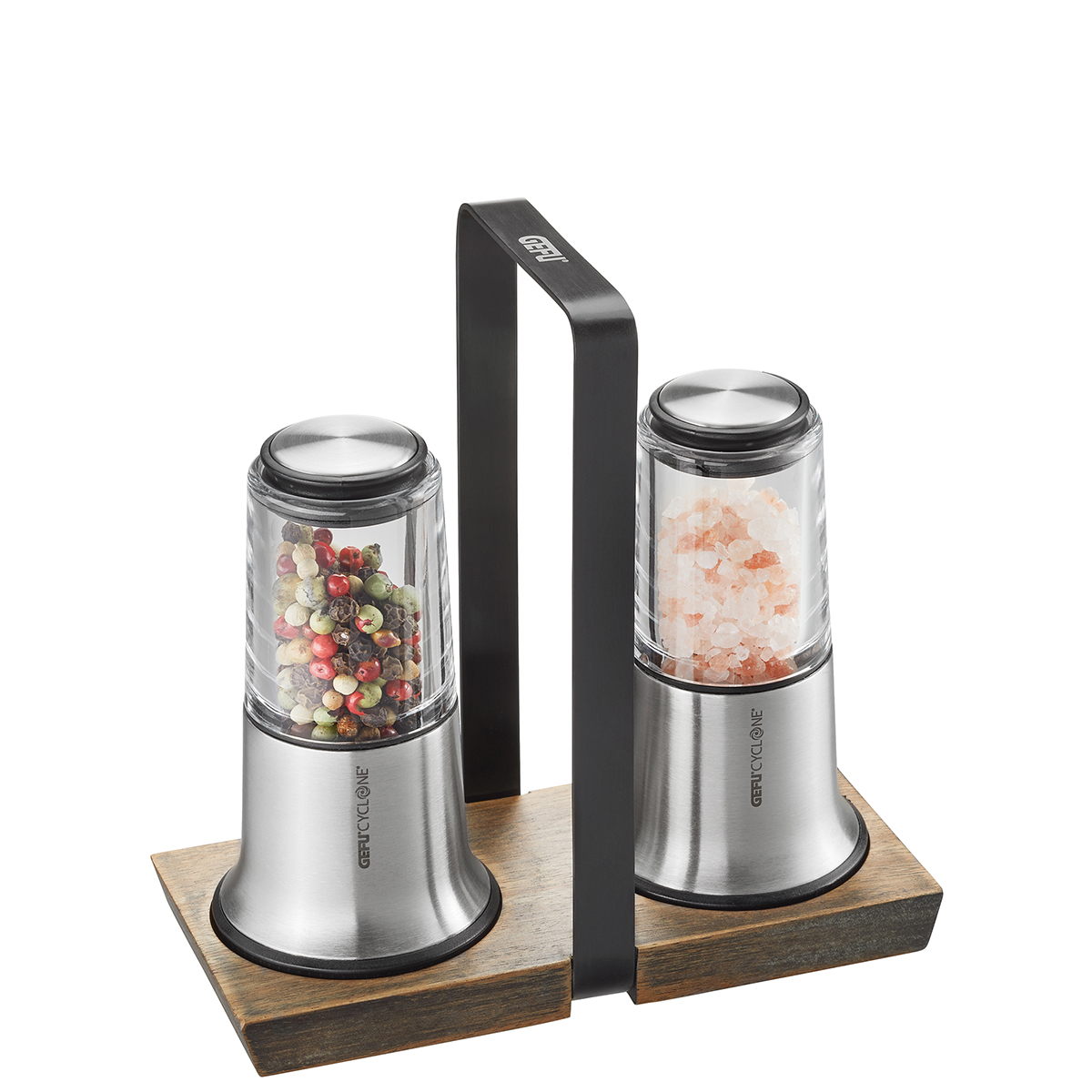 Salz- und Pfeffermühle Set mit Edelstahlhalterung Salz- und Pfeffermühle Set auf Holzbrett mit Edelstahlhalterung, gefüllt mit rosa Salz und bunten Pfefferkörnern