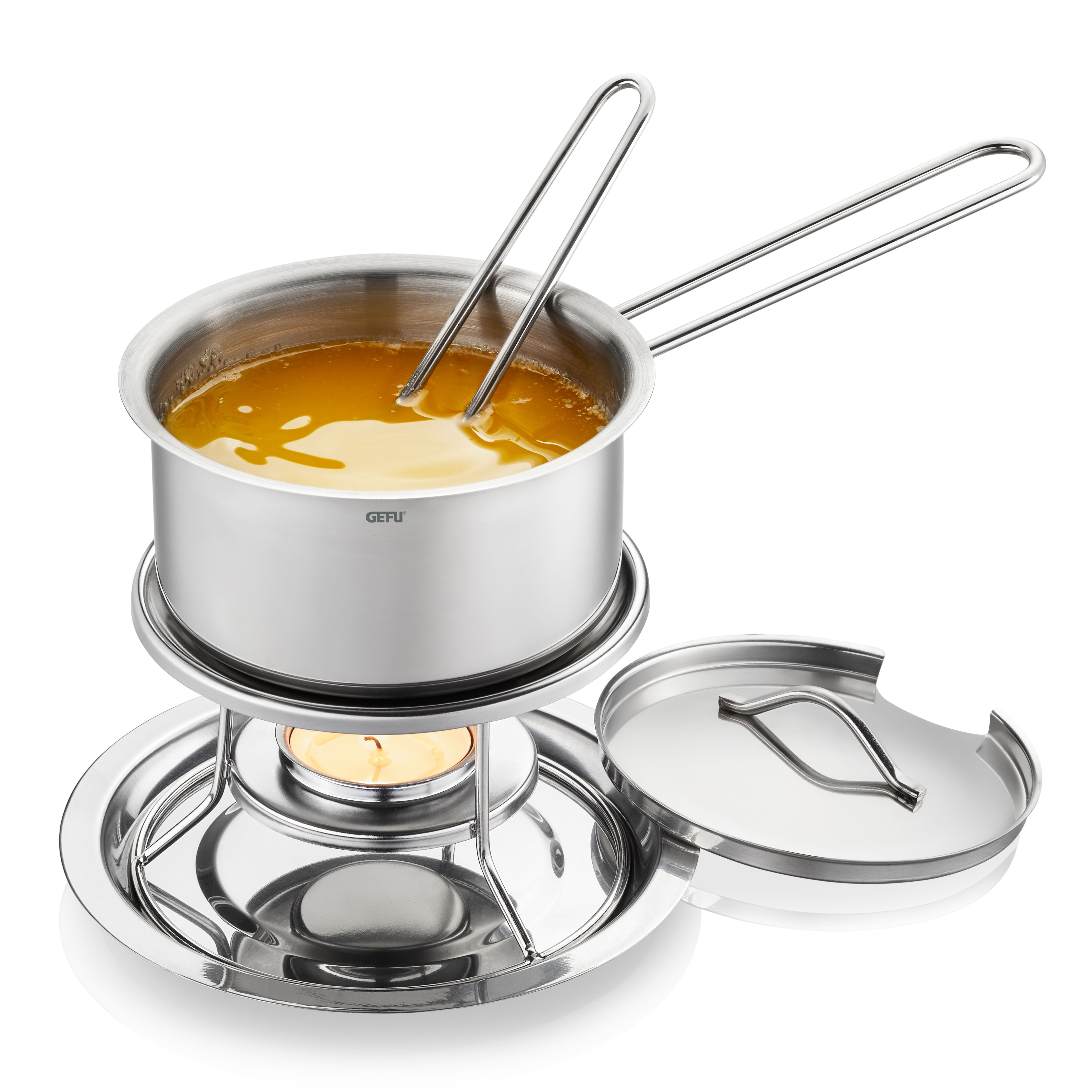 Edelstahlfondue-Set mit Brenner und Gabeln Edelstahlfondue-Set mit Topf, Brenner und Gabeln für geschmolzenen Käse oder Schokolade