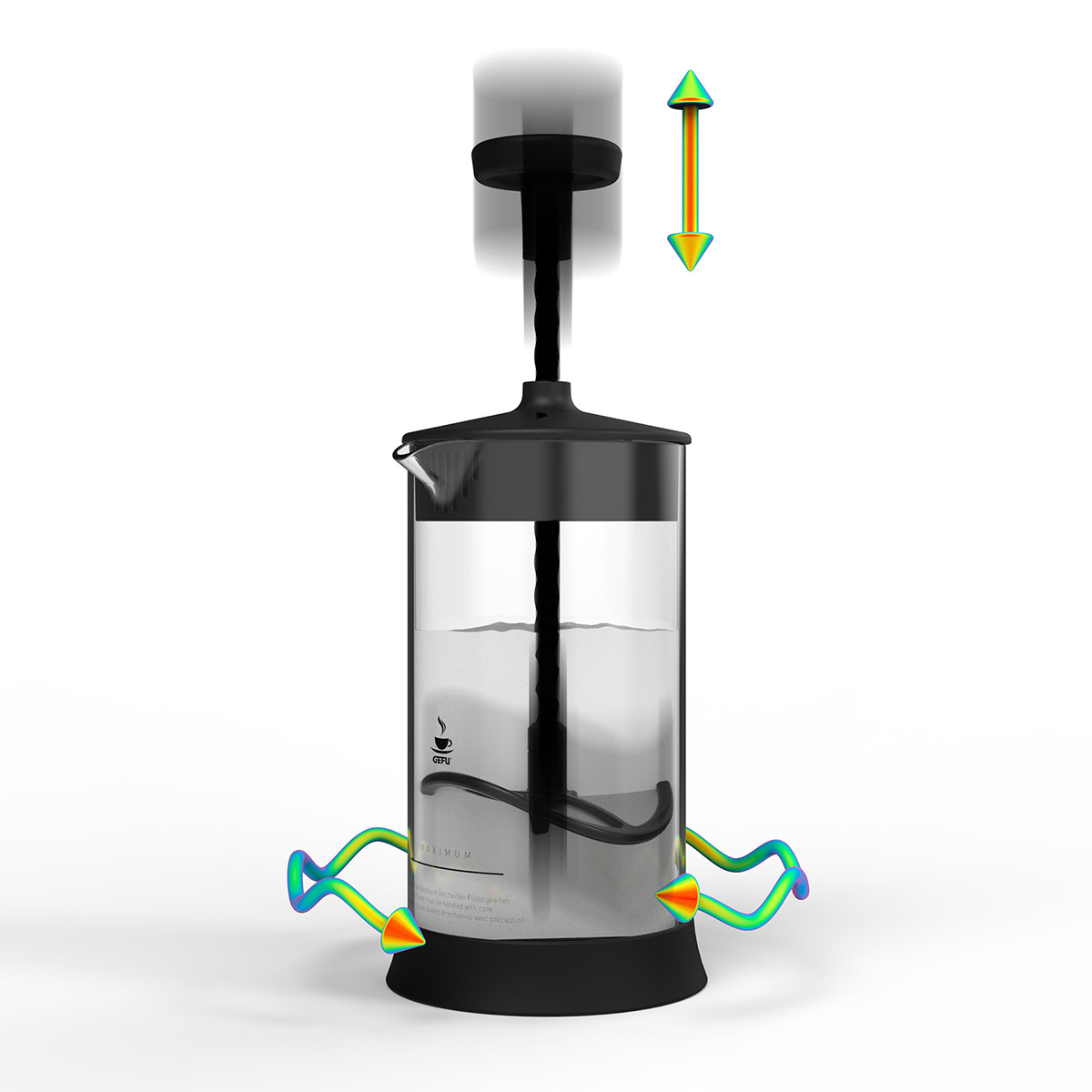 Innovativer manueller Milchaufschäumer mit zweifachem Mischsystem Manueller Milchaufschäumer mit Pfeilen für die Auf- und Abbewegung, dargestellt in einer Produktabbildung mit transparentem Behälter und bunten Markierungen.