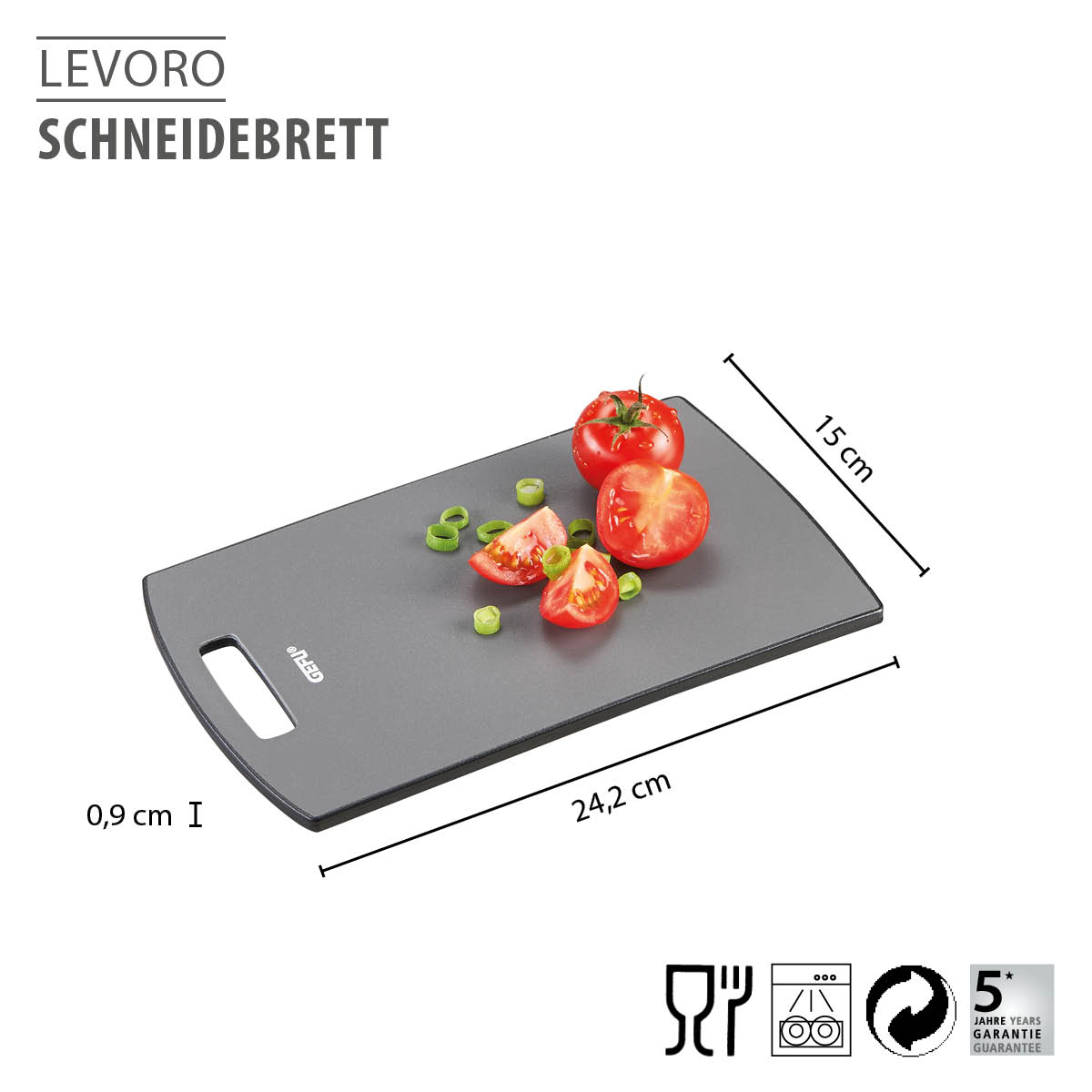 Levoro Schneidebrett 24,2 x 15 cm mit Tomaten und Frühlingszwiebeln Levoro Schneidebrett aus Kunststoff, Maße 24,2 x 15 cm, mit geschnittenen Tomaten und Frühlingszwiebeln, ideal für die Küche