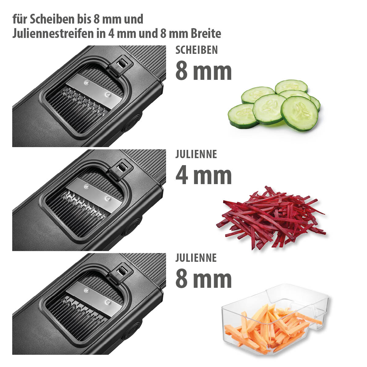 Bild eines Gemüseschneiders mit Optionen für Scheiben in 8 mm und Juliennestreifen in 4 mm und 8 mm mit Abbildungen von geschnittenem Gemüse