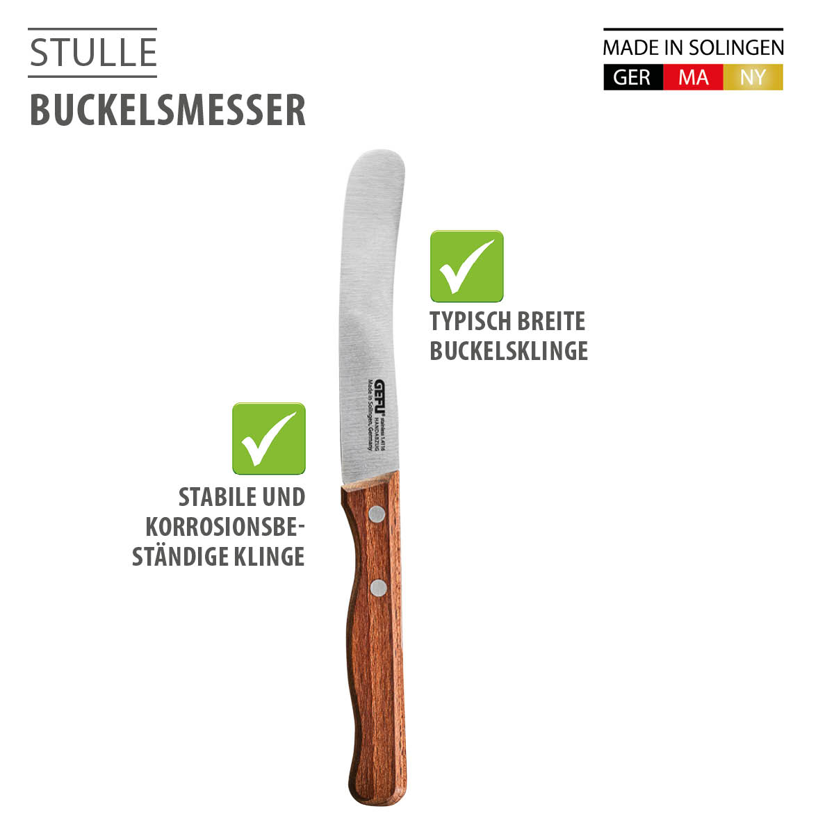 Stulle Buckelsmesser mit breiter Buckelsklinge und stabilem, korrosionsbeständigem Holzgriff, hergestellt in Solingen, Deutschland.