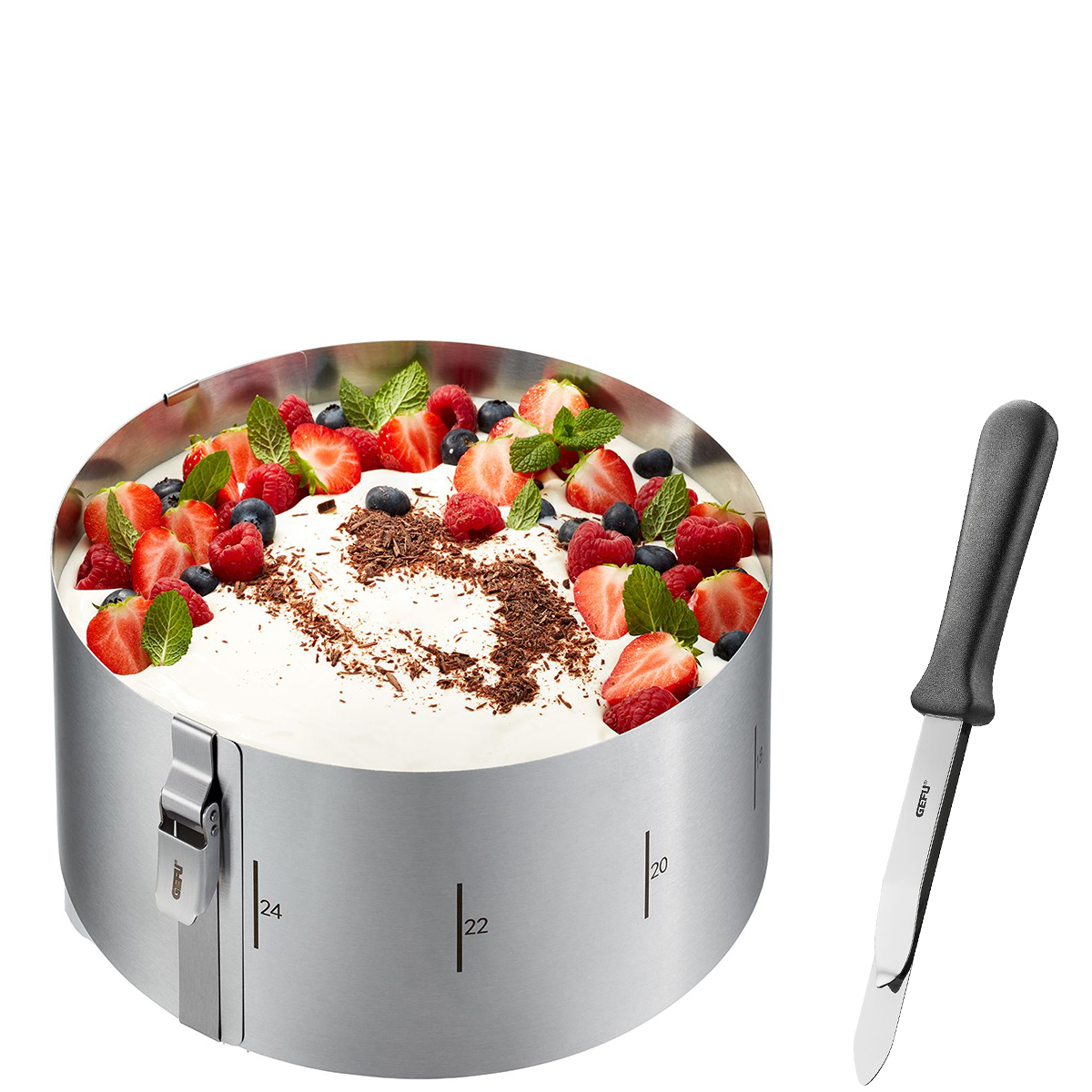 Verstellbarer Tortenring mit Tortengarniermesser Tortenring aus Edelstahl mit Beeren und Minzblättern, inklusive Garniermesser