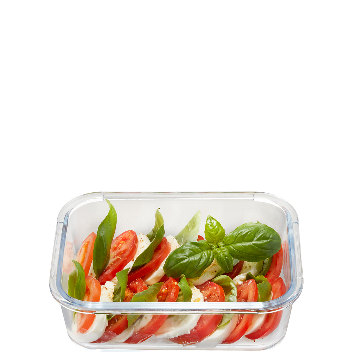 Glasbehälter mit frischem Caprese-Salat Glasbehälter gefüllt mit Tomaten, Mozzarella und Basilikum, Caprese-Salat