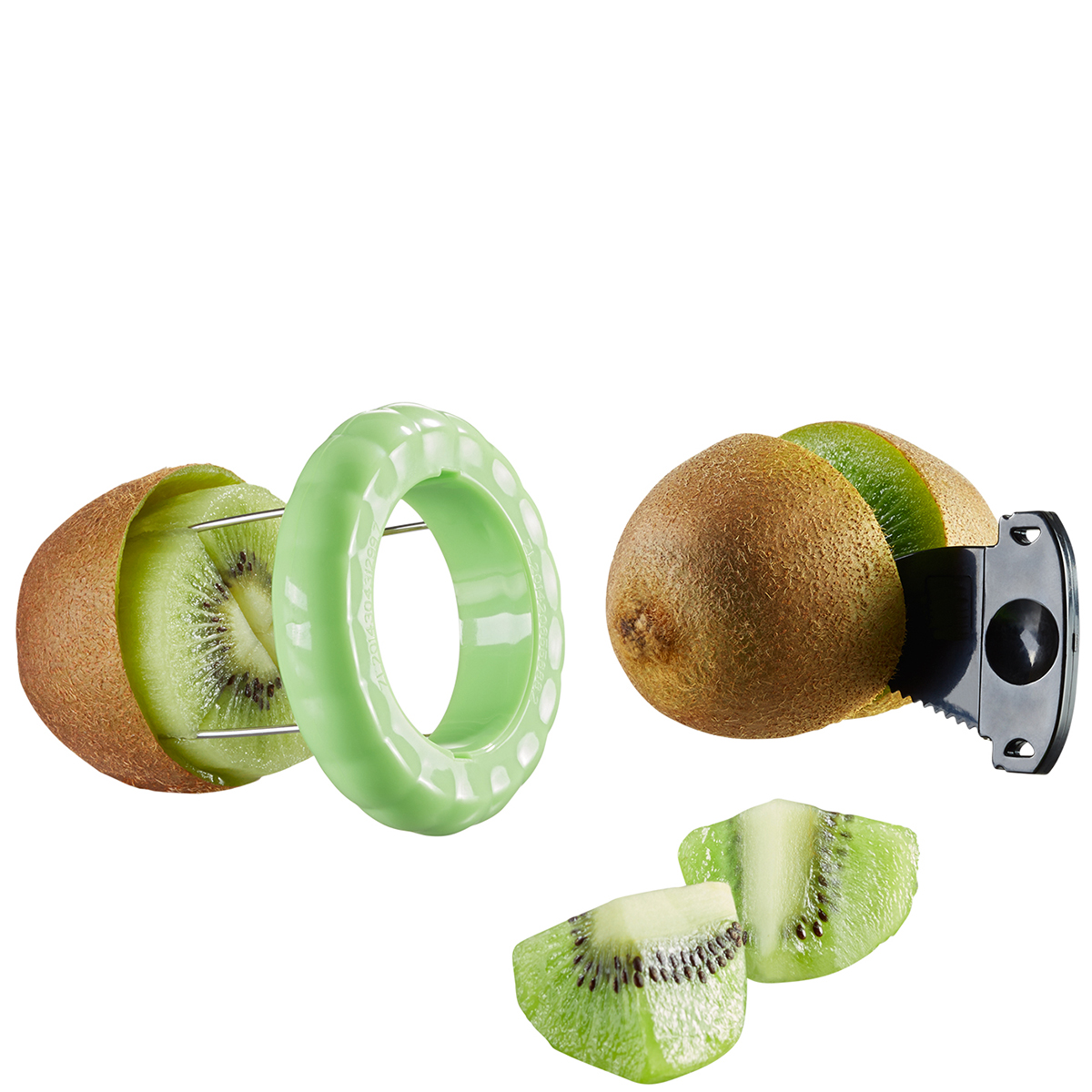 Kiwischneider-Set - Effizientes Schälen und Schneiden von Kiwis Kiwischneider und Schäler-Set zum einfachen Schneiden und Schälen von Kiwis, mit aufgeschnittenen und geschälten Kiwihälften