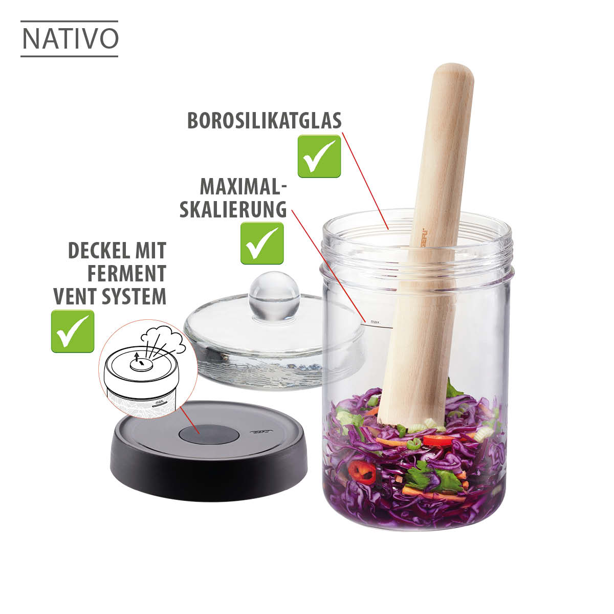 Fermentationsglas aus Borosilikat mit Ventilsystem und Holzstampfer Fermentationsset bestehend aus einem Borosilikatglas mit Deckel und Ventilsystem. Enthält einen Holzstampfer und eingelegtes Gemüse.