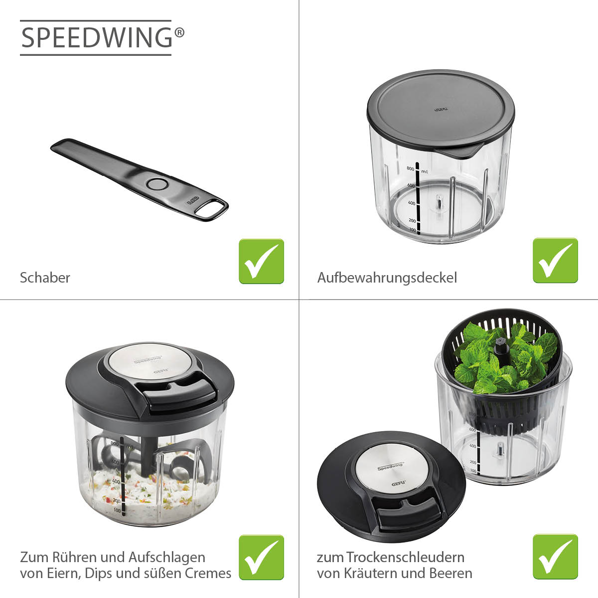 SPEEDWING Küchenzubehör: Schaber, Aufbewahrungsdeckel, Rührgerät und Trockenschleuder Das Bild zeigt diverses Küchenzubehör von SPEEDWING: einen Schaber, einen Aufbewahrungsdeckel, ein Gerät zum Rühren und Aufschlagen von Eiern, Dips und süßen Cremes sowie eine Trockenschleuder für Kräuter und Beeren.
