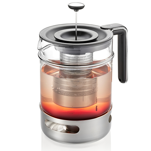Glasteekanne mit integriertem Teesieb und Edelstahlgehäuse, ideal zum Aufbrühen von losem Tee