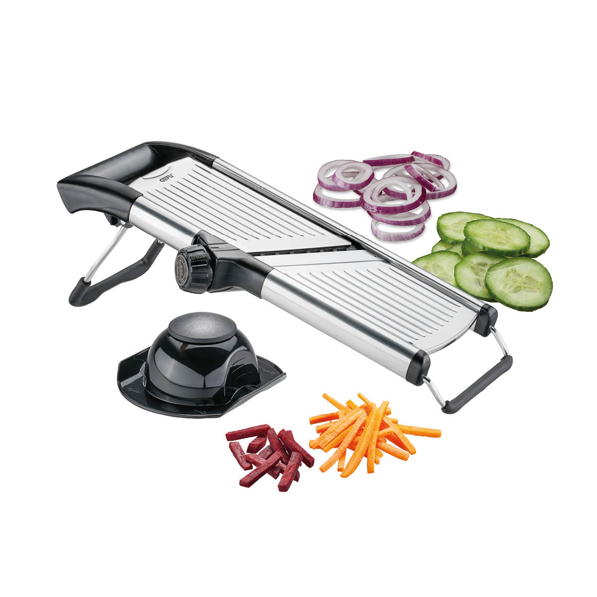 Hochwertige Mandoline für präzises Gemüse- und Obstschnitzen Mandoline mit verschiedenen Gemüsesorten, darunter Gurken, Karotten und Zwiebeln