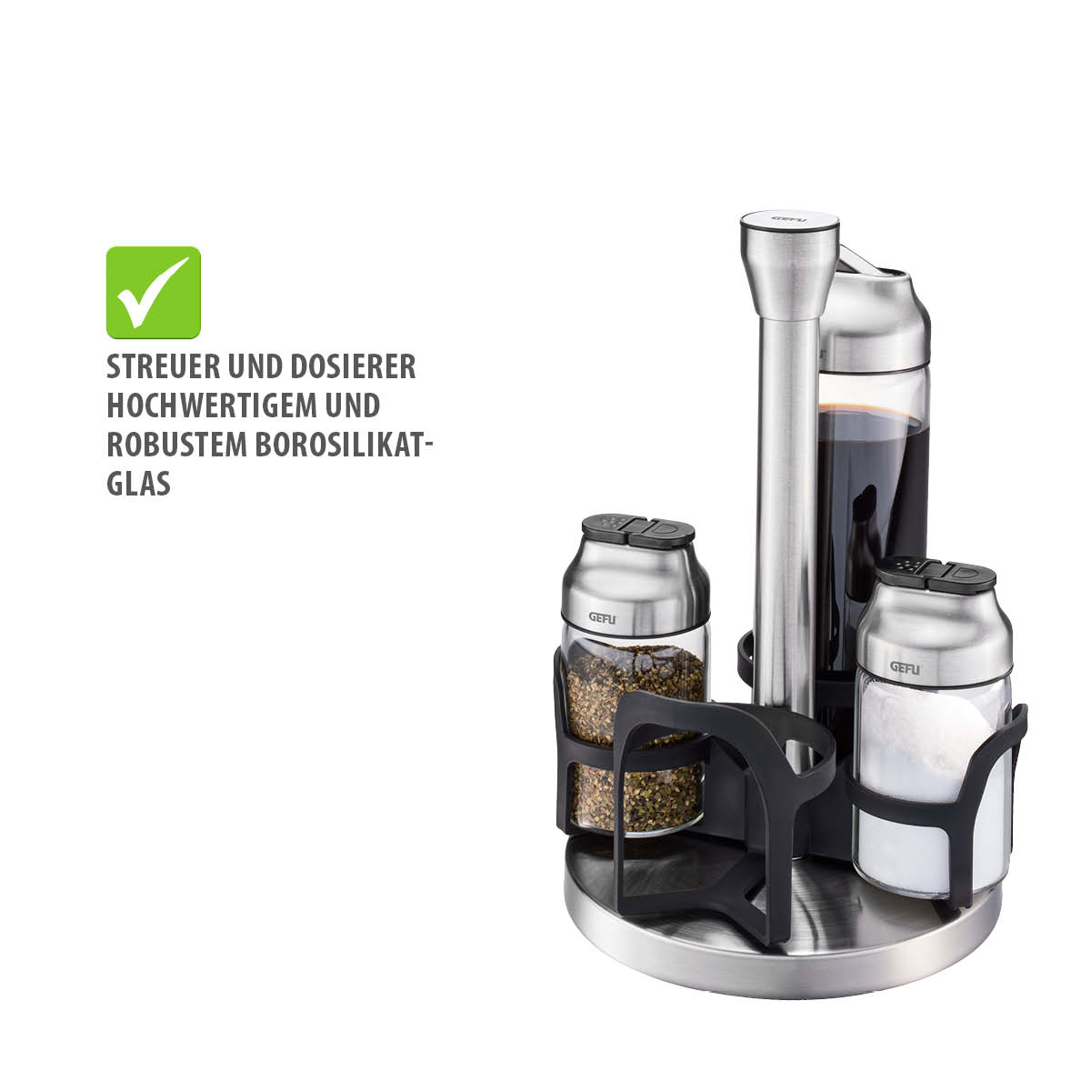 Hochwertige Gewürz- und Ölspender aus Borosilikatglas Set aus Streuern und Flaschen aus robustem Borosilikatglas mit Edelstahlhalterung