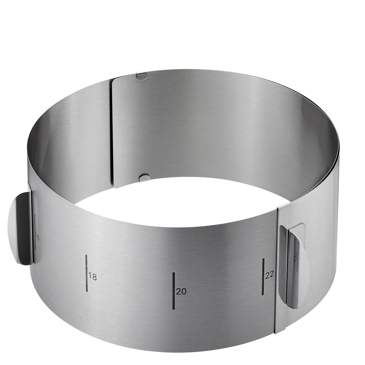 Verstellbarer Edelstahl-Tortenring - Ideal für Kuchen und Torten von 16 bis 30 cm Ein verstellbarer Tortenring aus Edelstahl, geeignet für Kuchen mit Durchmessern von 16 bis 30 cm. Perfekt für gleichmäßige Backergebnisse.