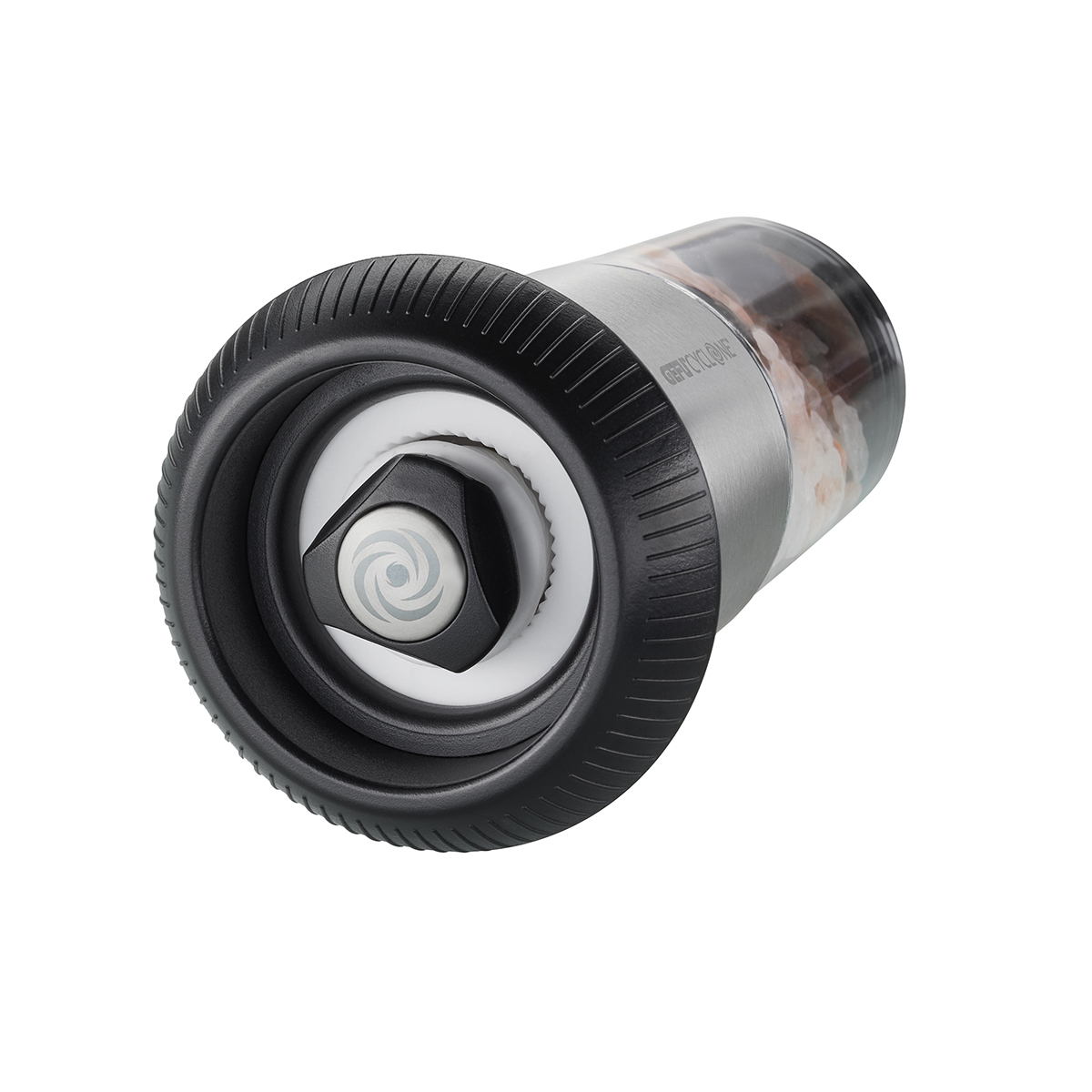 Elektrische Gewürzmühle mit Keramikmahlwerk Nahaufnahme einer elektrischen Gewürzmühle mit Keramikmahlwerk, modernem Design und transparenter Gewürzkammer