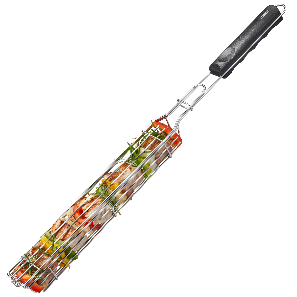 Hochwertiger Grillkorb für Gemüse und Würstchen mit Griff Ein Metall-Grillkorb mit langem Griff, gefüllt mit buntem Gemüse und Würstchen, ideal zum Grillen auf dem Grill.