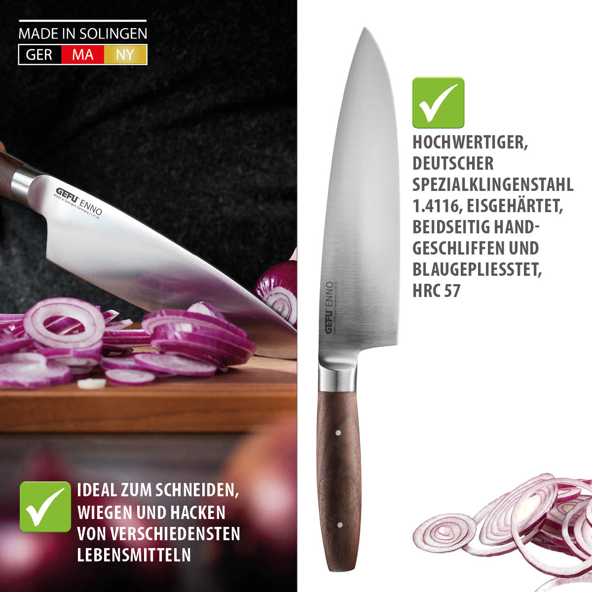 Hochwertiges Küchenmesser aus Solingen - ideal zum Schneiden von Lebensmitteln Küchenmesser mit Holzgriff, hergestellt in Solingen, schneidet rote Zwiebeln auf einem Holzbrett