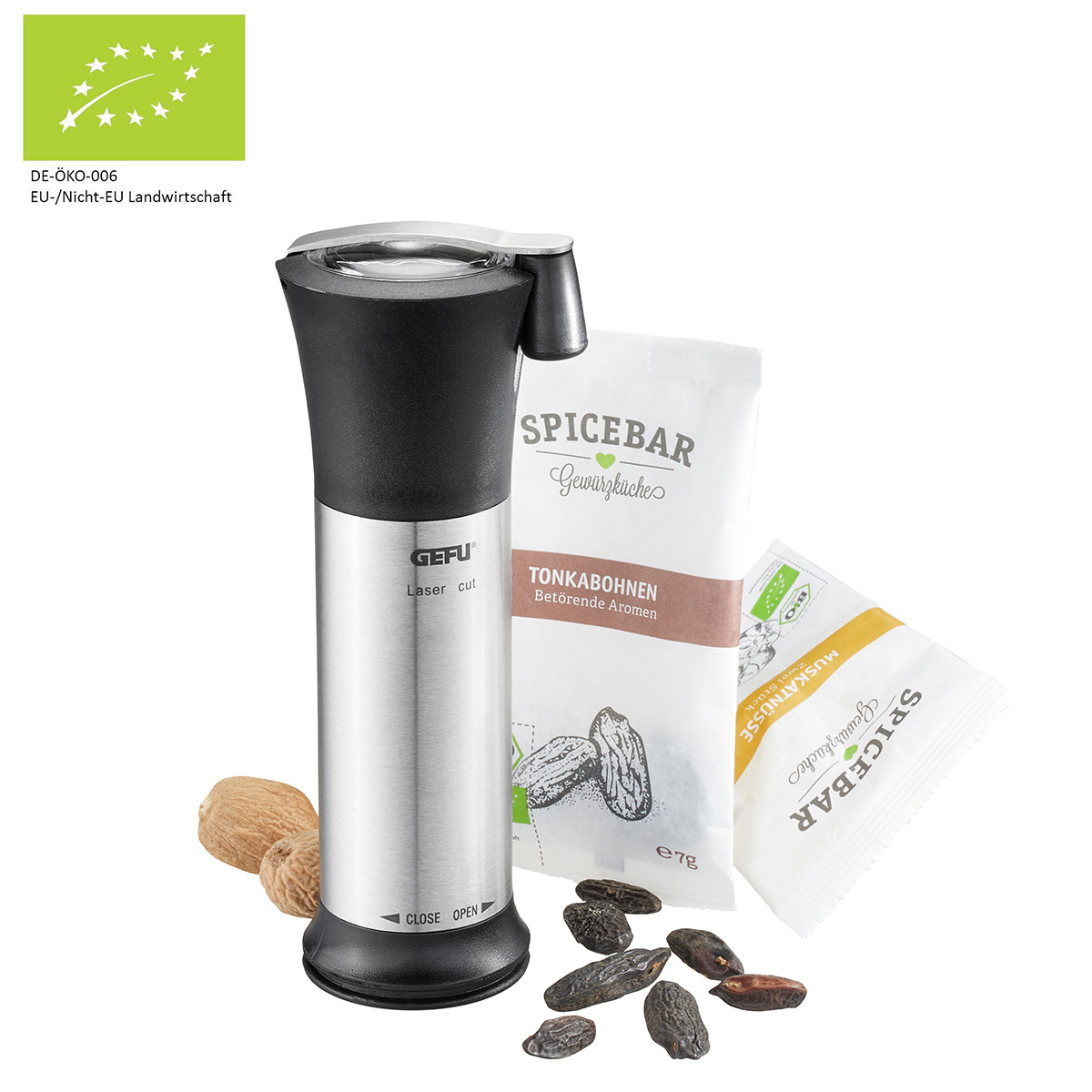 Set: Muskatmühle MOSCATA + SPICEBAR XS-Muskatnüsse, bio Inhalt 8 g + SPICEBAR XS-Tonkabohnen, bio Inhalt 7 g