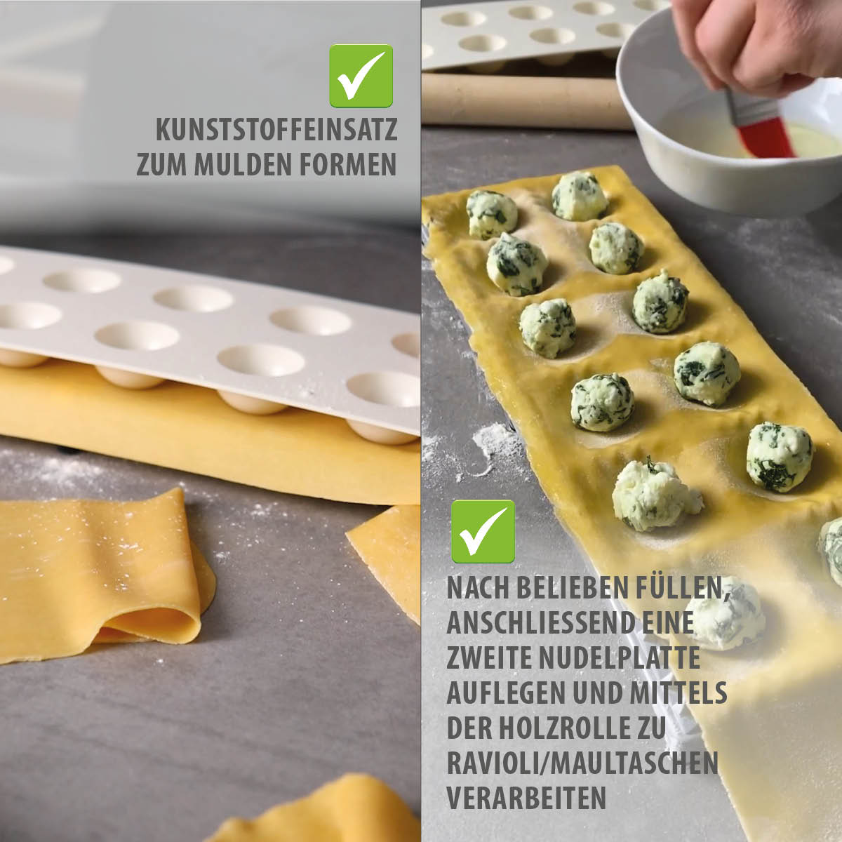 Kunststoffeinsatz für einfaches Formen von Ravioli und Maultaschen Ein Kunststoffform für das Muldenformen von Teig, gefüllt mit einer Spinat-Käsemischung zur Zubereitung von Ravioli oder Maultaschen.