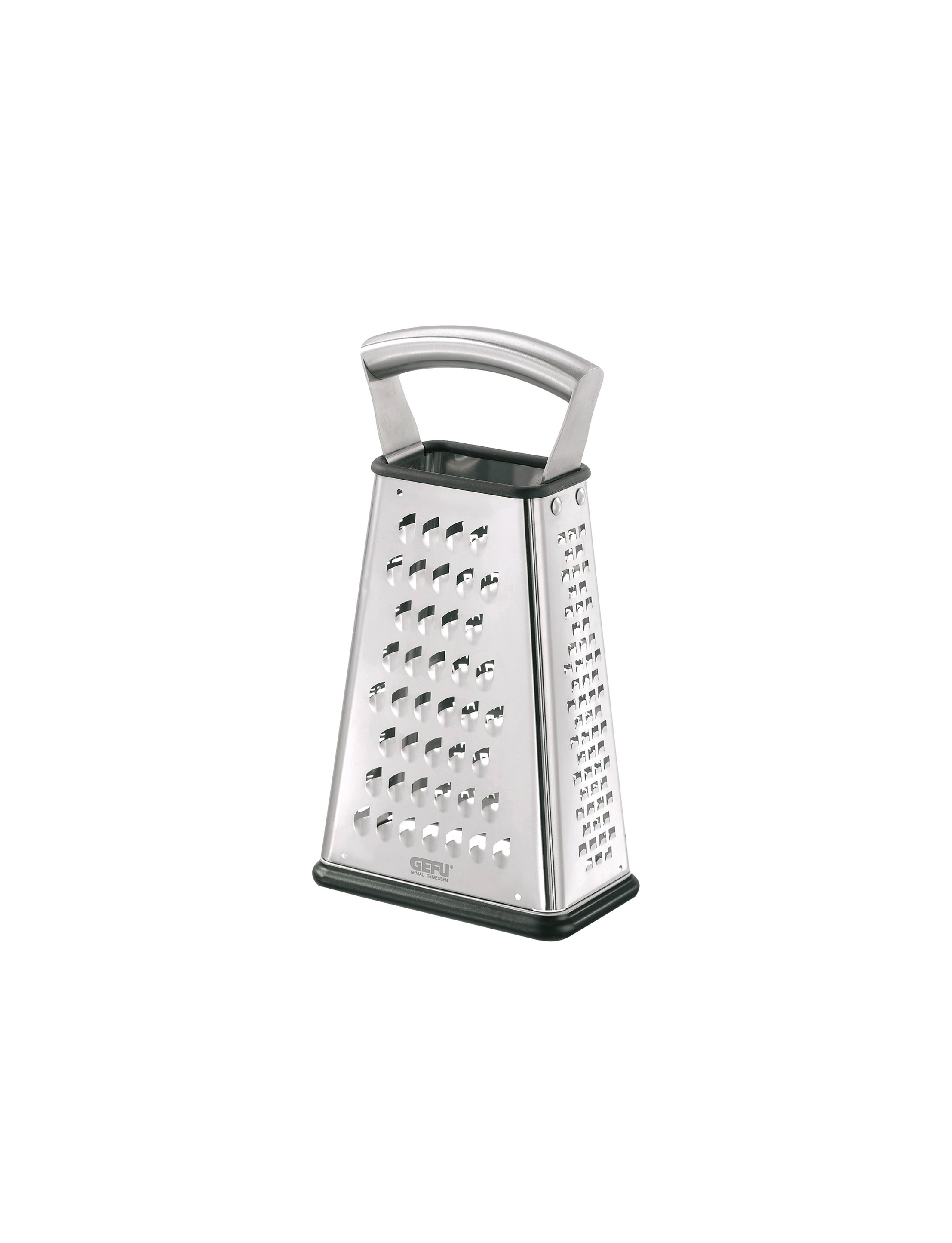 Hochwertige Edelstahl-Reibe mit ergonomischem Griff Vierkantreibe aus Edelstahl mit verschiedenen Reibeflächen und einem ergonomischen Griff