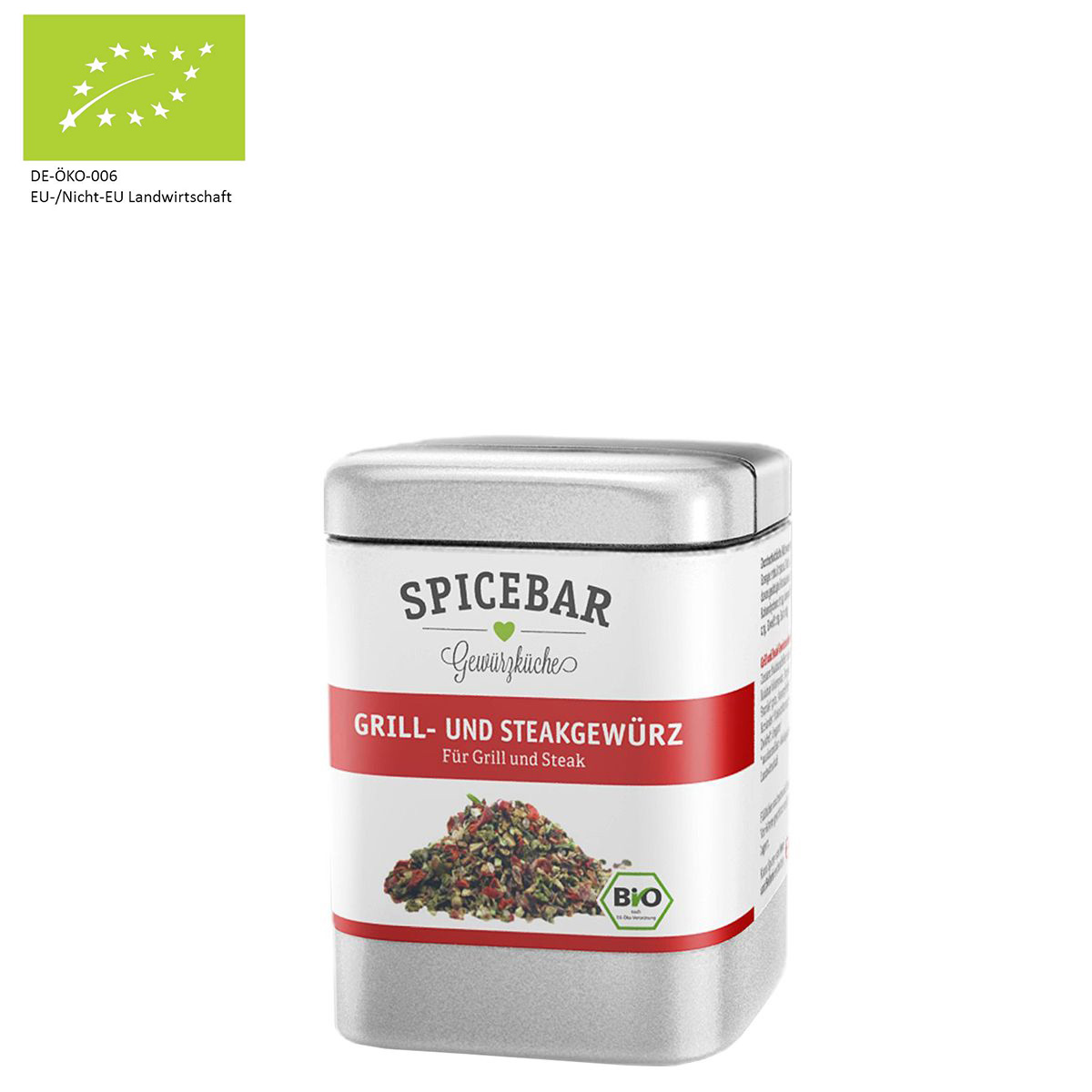 Spicebar Grill- und Steakgewürz in silberner Dose mit Bio-Siegel