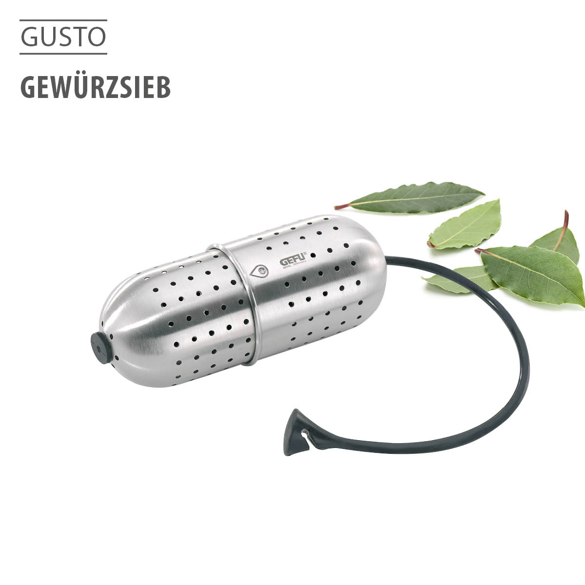 GEFU Gewürzsieb aus Edelstahl mit flexiblem Halteband GEFU Gewürzsieb aus Edelstahl mit vier Lorbeerblättern im Hintergrund