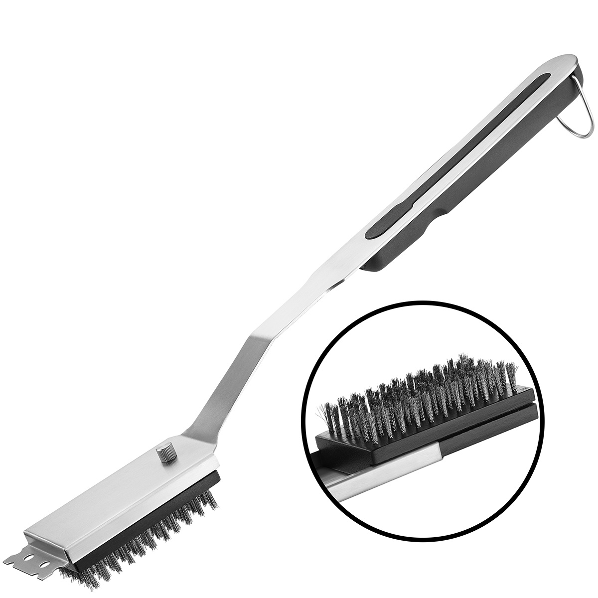 Grillbürste aus Edelstahl mit robusten Borsten und Schaber für eine gründliche Reinigung Eine Grillbürste aus Edelstahl mit robusten Borsten und einem integrierten Schaber, ideal zur Reinigung von Grillrosten