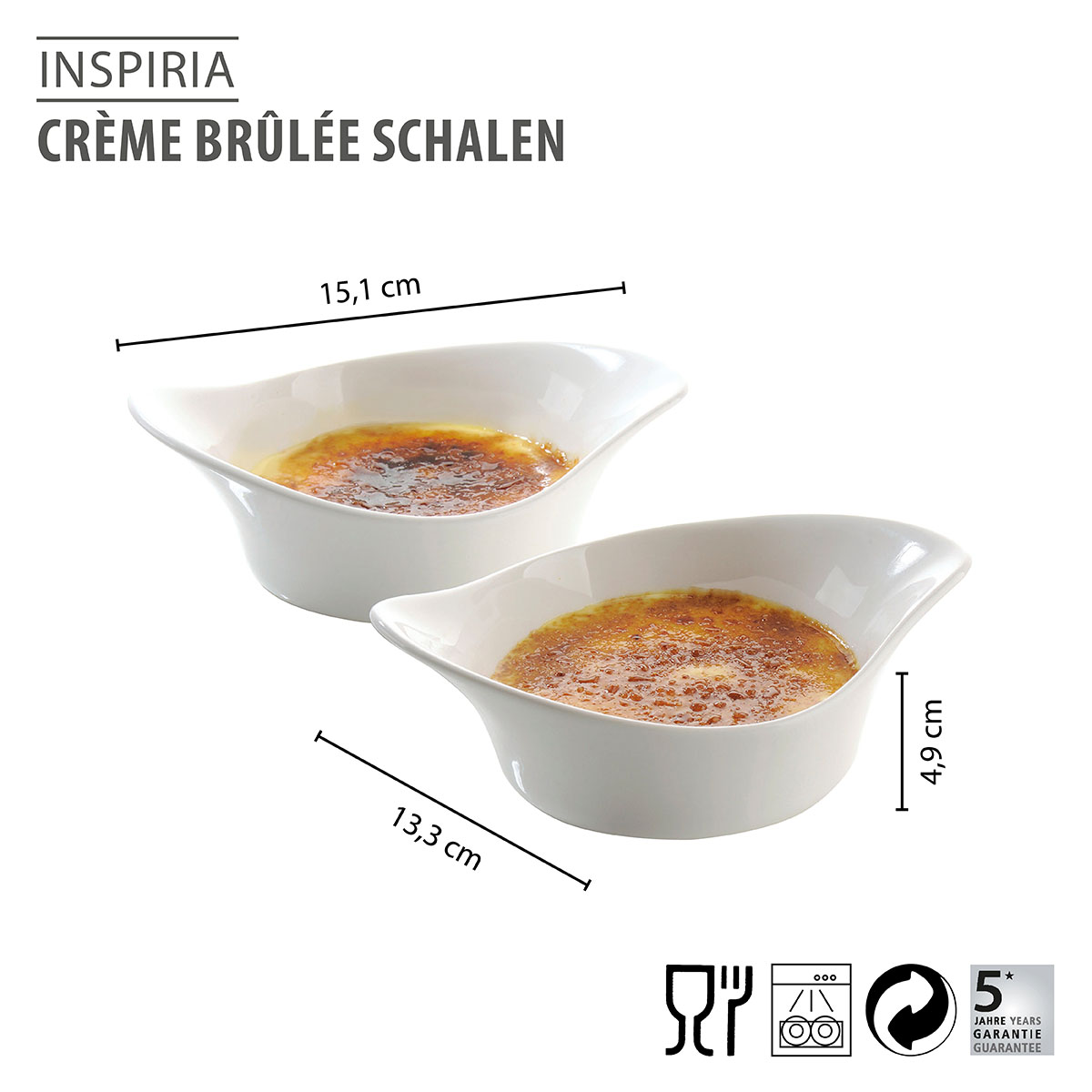 Set mit zwei weißen Porzellanschalen für Crème Brûlée, Maße: 15,1 cm x 13,3 cm x 4,9 cm, geeignet für den Geschirrspüler.