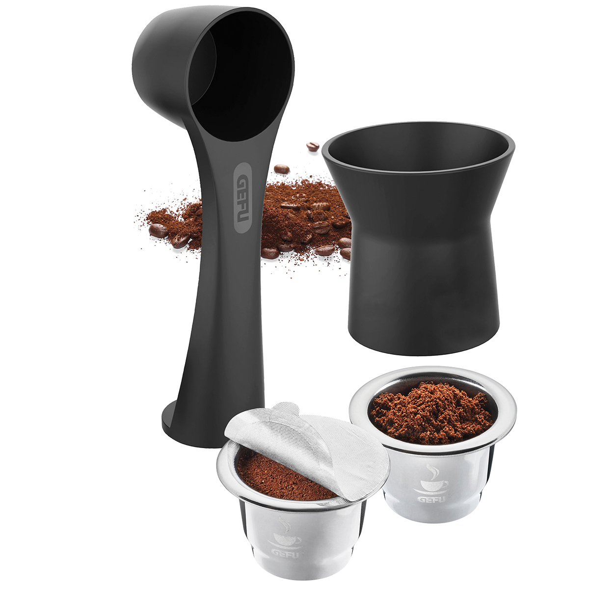 Mehrweg-Kaffeekapsel und Zubehörset für Espressozubereitung Set aus Mehrweg-Kaffeekapsel, Tamper und Messlöffel mit Kaffeepulver