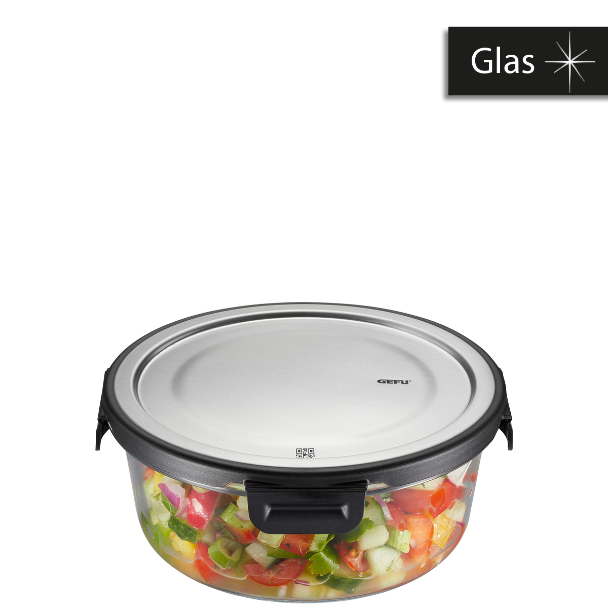 Glasschüssel mit Edelstahldeckel, ideal für Frischhaltung und Aufbewahrung Glasschüssel mit Edelstahldeckel gefüllt mit frischem Salat, geeignet für Lagerung und Transport
