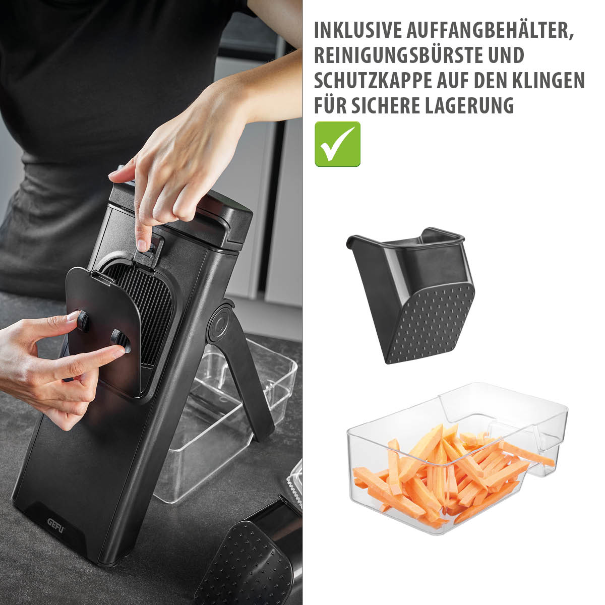 Mandoline mit Auffangbehälter, Reinigungsbürste und Schutzkappe auf den Klingen zur sicheren Lagerung