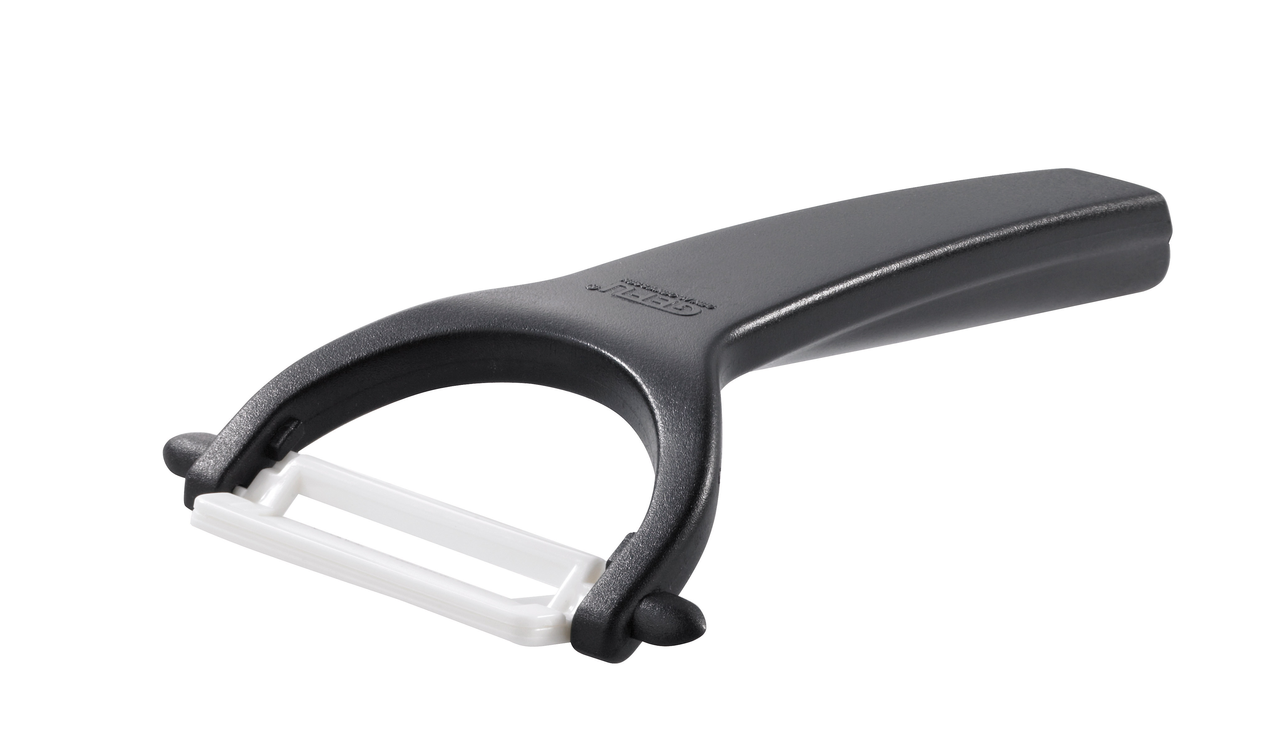 Ergonomischer Sparschäler mit Edelstahlklinge für einfaches Schälen Schwarzer Sparschäler mit ergonomischem Griff und weißer Edelstahlklinge für Gemüse und Obst