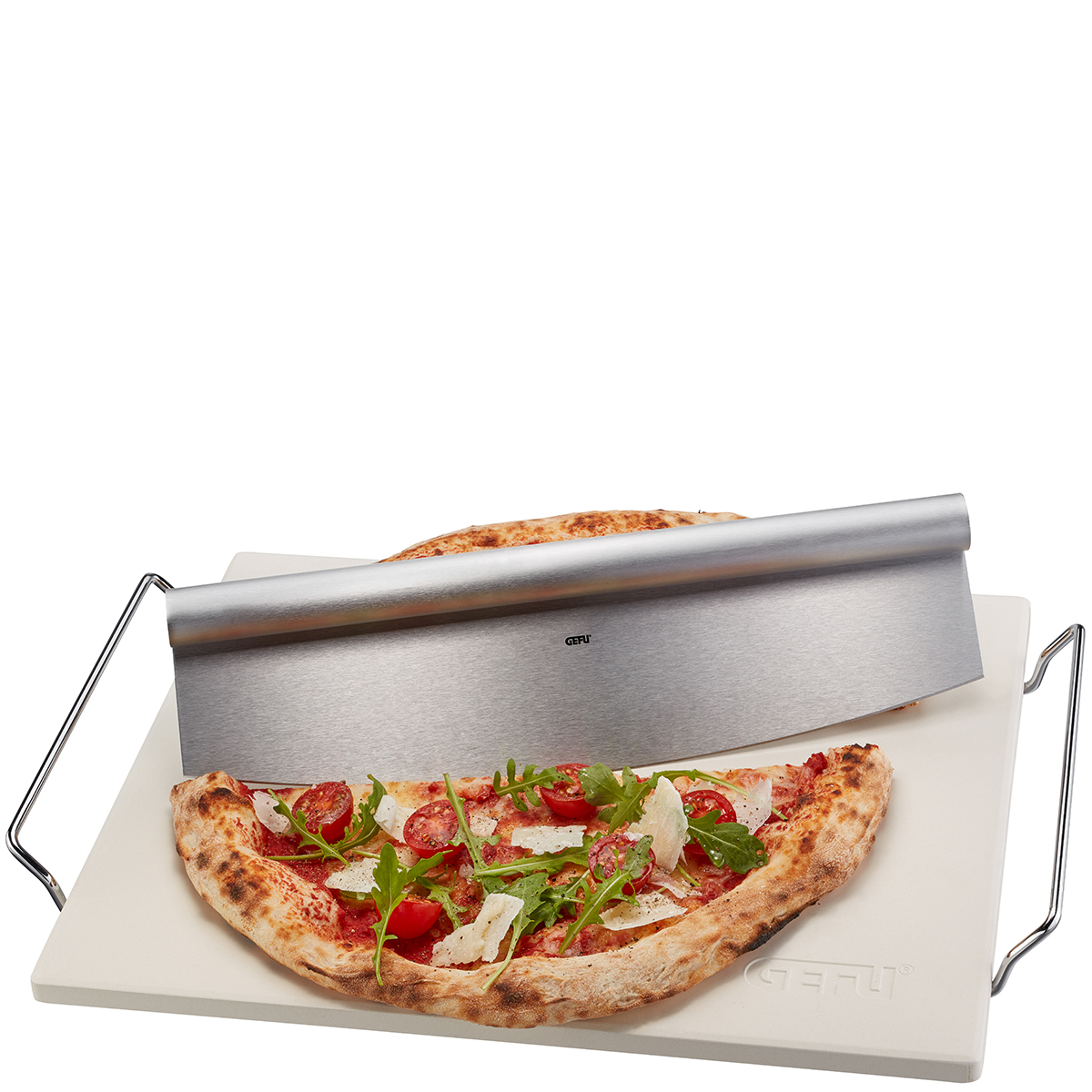 Pizza stone with stand + pizza cutter DARIOSO, square