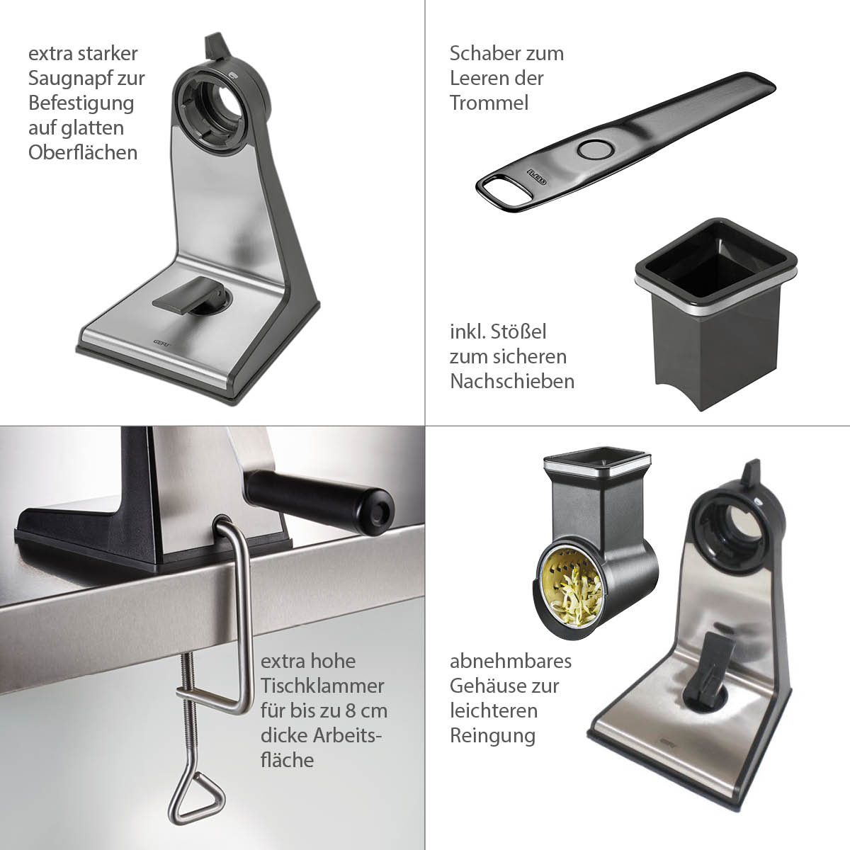 Multifunktionales Küchengerät mit stabilem Saugfuß Multifunktionales Küchengerät mit abnehmbarem Gehäuse, starkem Saugfuß, Tischklammer und Zubehör für effizientes Arbeiten und einfache Reinigung.