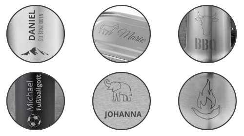 Individuell gravierte Edelstahlprodukte mit Namen und Symbolen Verschiedene Edelstahlgegenstände mit personalisierten Gravuren wie Namen und Icons, darunter Berge, Elefant und Fußball.