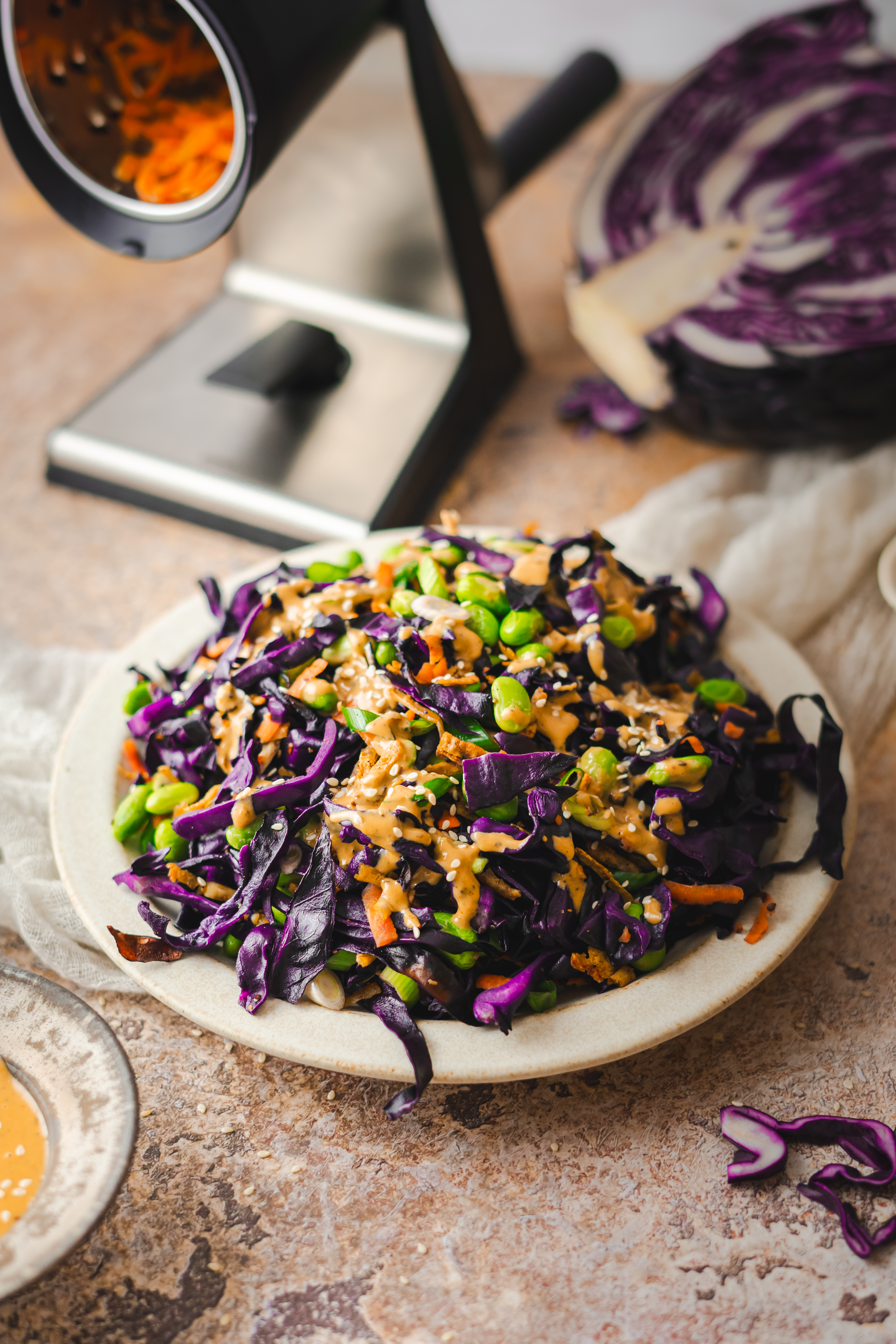 Gerösteter Rotkohl Salat mit Shredded Tofu  Ein Teller mit frischem Rotkohlsalat, Edamame, Karotten und Sesam, garniert mit cremiger Erdnusssauce, im Hintergrund eine Küchenreibe