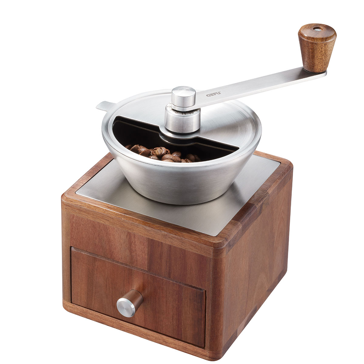 Manuelle Kaffeemühle mit Edelstahltrichter und Holzkorpus, gefüllt mit Kaffeebohnen