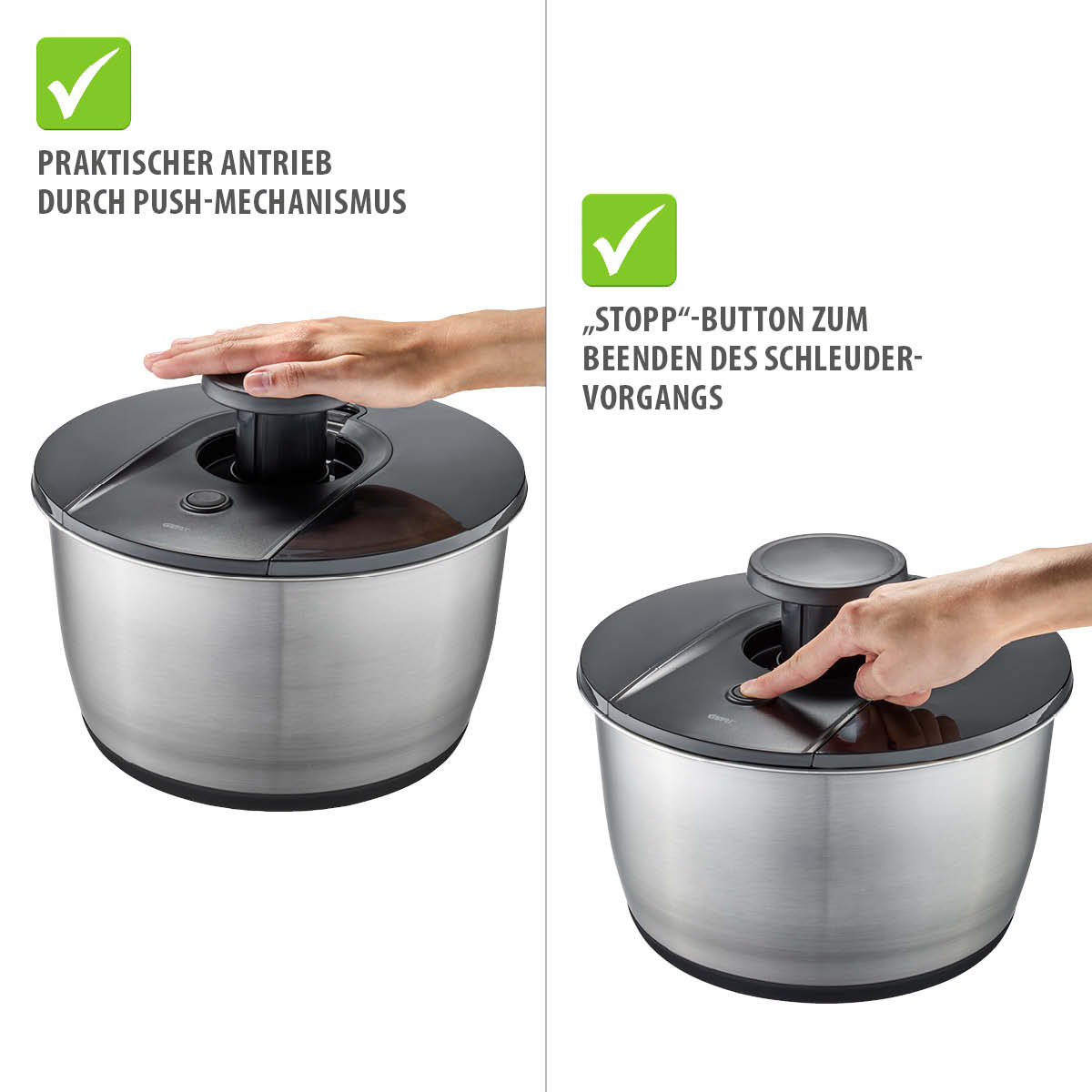 Salatschleuder mit Push-Mechanismus und Stopp-Button Salatschleuder aus Edelstahl mit praktischer Push-Bedienung und Stopp-Button zur einfachen Nutzung.