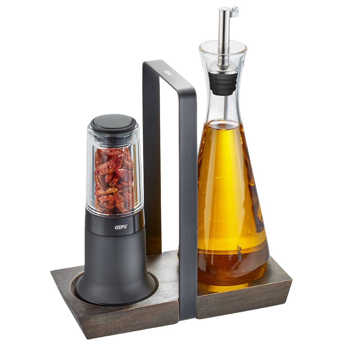 Elegantes Öl- und Gewürz-Set aus Glas und Metall Set mit Glasflasche für Öl und Gewürzmühle auf Holzständer