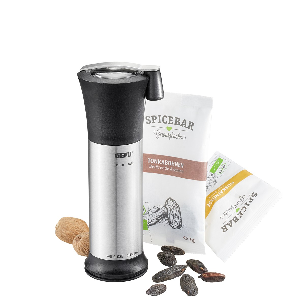 Set: Muskatmühle MOSCATA + SPICEBAR XS-Muskatnüsse, bio Inhalt 8 g + SPICEBAR XS-Tonkabohnen, bio Inhalt 7 g