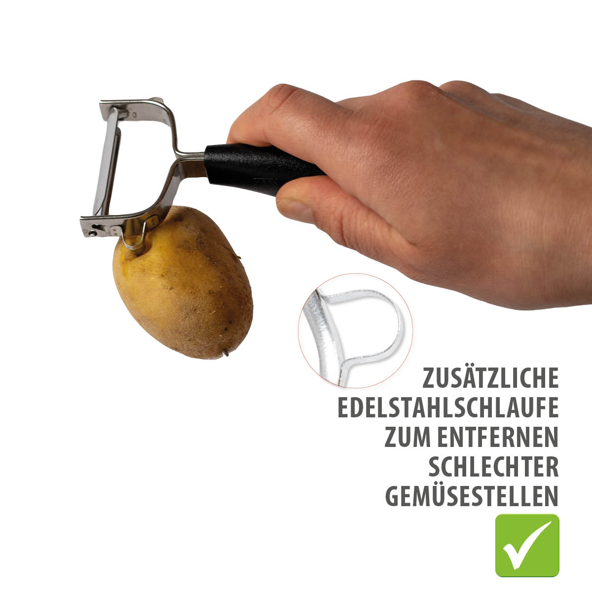 Kartoffelschäler mit integrierter Edelstahlschlaufe zur Entfernung schlechter Stellen Hand benutzt einen Kartoffelschäler mit Edelstahlschlaufe zum Entfernen von schlechten Gemüsestellen