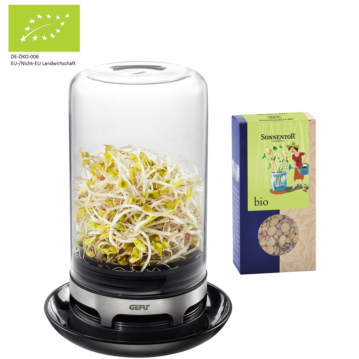 Bio Keimglas mit Sprossensamen von Gefu und Sonnentor Abgebildet ist ein Keimglas mit frisch gekeimten Sprossen von Gefu, daneben eine Packung Bio-Sprossensamen von Sonnentor. EU-Bio-Siegel oben links.