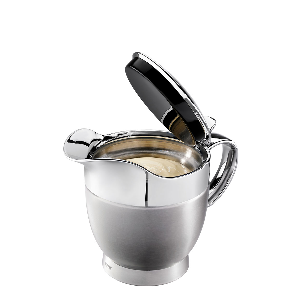 Edelstahl-Milchkännchen mit Deckel für stilvolles Servieren Offenes Edelstahl-Milchkännchen mit Deckel, ideal zum stilvollen Servieren von Milch oder Sahne auf dem Tisch