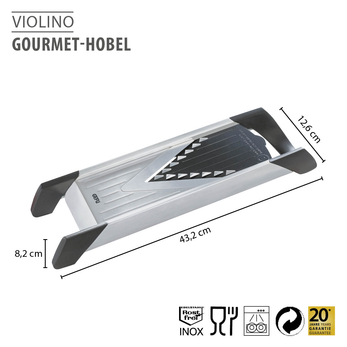 Violino Gourmet-Hobel aus Edelstahl mit 20 Jahren Garantie Violino Gourmet-Hobel aus Edelstahl, ideal zum feinen Schneiden von Zutaten in der Küche, Maße 43,2 cm x 12,6 cm x 8,2 cm