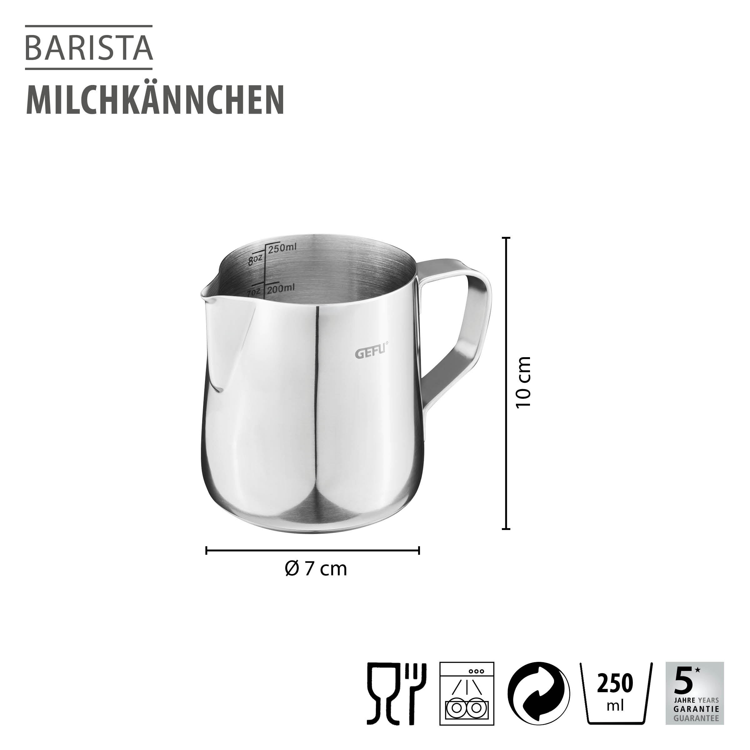 Milchkännchen BARISTA 250 ml von GEFU aus Edelstahl mit innenliegender ml- und fl.oz.-Skalierung, extraschlanker Ausgießnase und stabilem Boden, geeignet zum Erhitzen und stilvollen Servieren von Milch oder Sahne