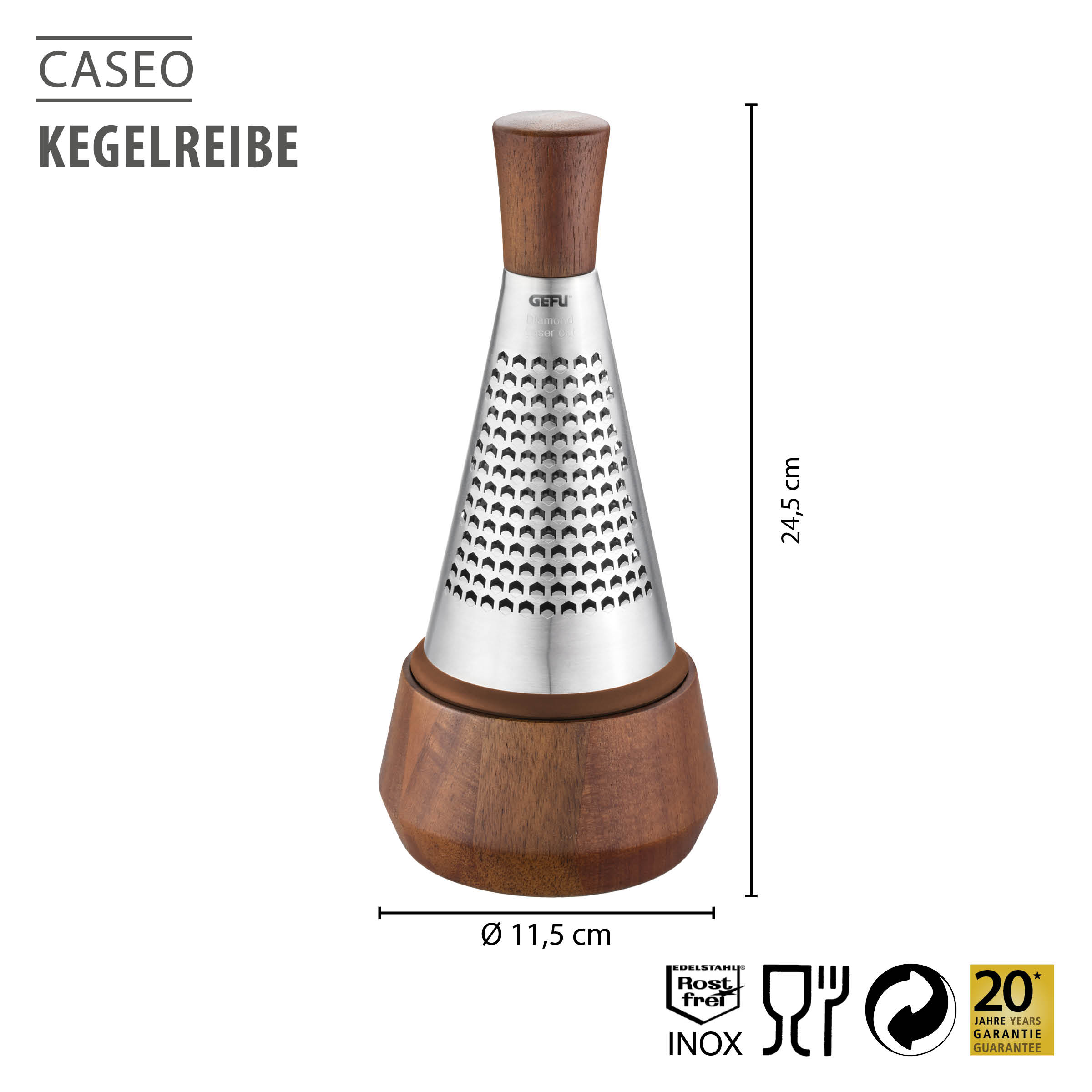 Kegelreibe CASEO von GEFU aus Edelstahl mit Holzoptik-Schale, zwei Reibflächen (fein und grob) und rutschfestem Silikonring zum Sammeln und Servieren von Käse, Schokolade und Gewürzen