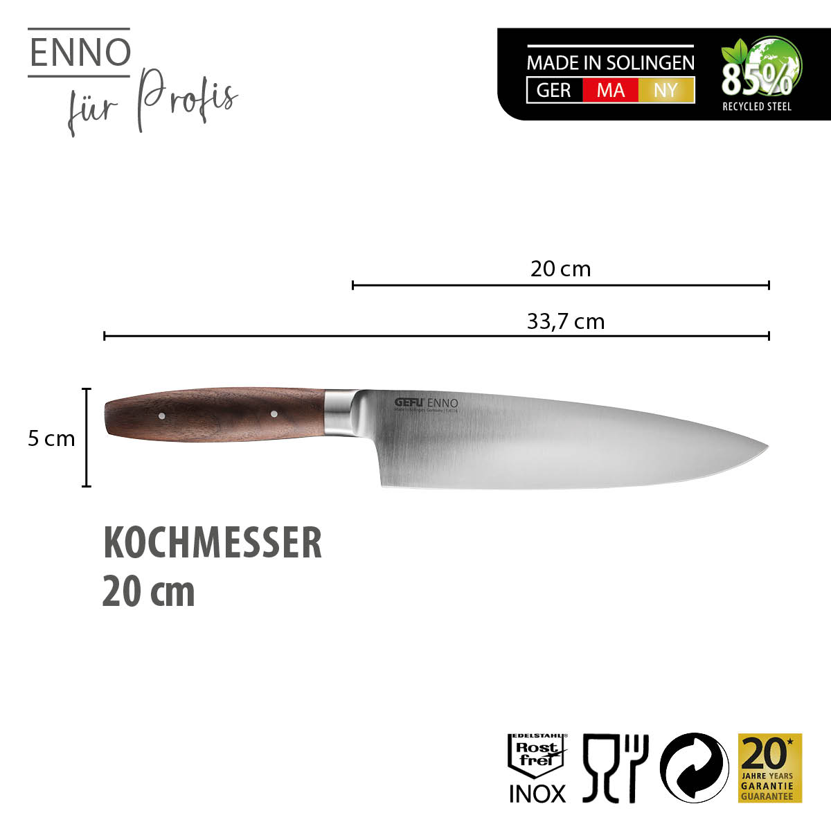 Hochwertiges Kochmesser 20 cm aus Solingen mit recyceltem Edelstahl Kochmesser 20 cm, hergestellt in Solingen, Edelstahl, Griff aus Holz, für professionelles Kochen geeignet