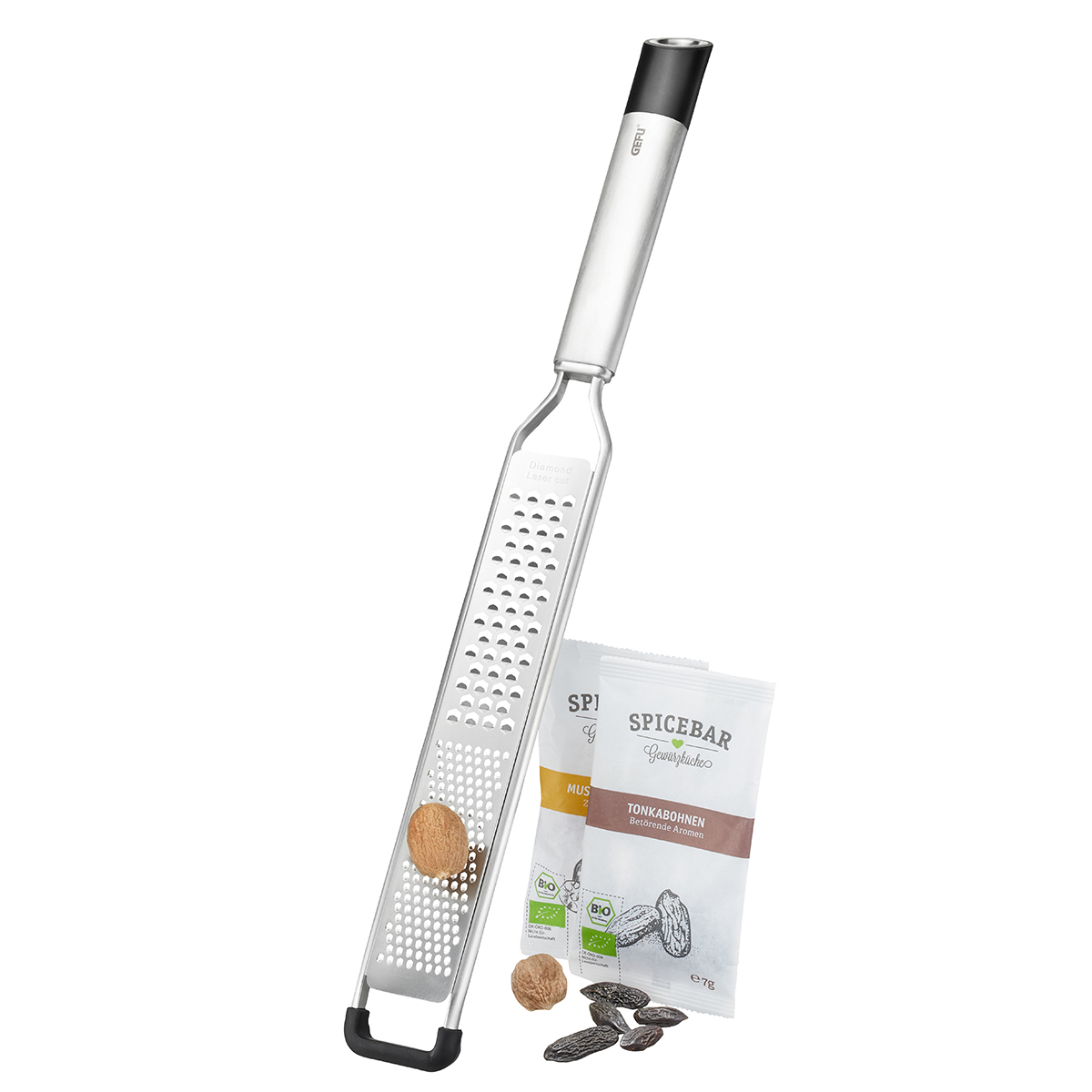 Set: Fein- und Grobreibe PRIMELINE + SPICEBAR XS-Muskatnüsse, bio Inhalt 8 g + SPICEBAR XS-Tonkabohnen, bio Inhalt 7 g