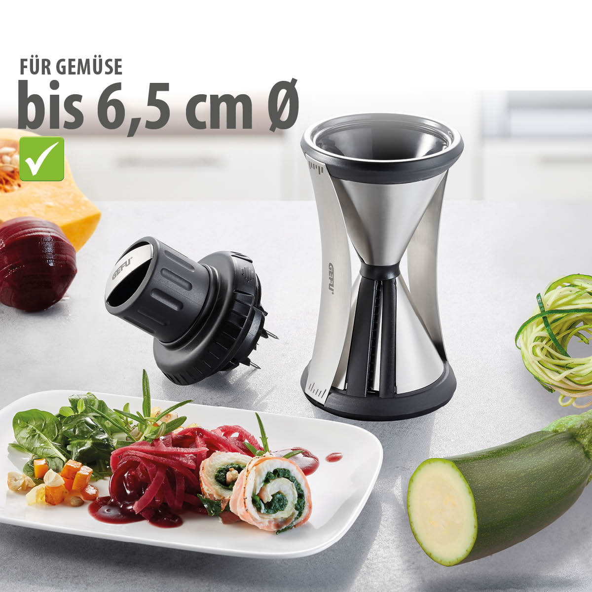 Hochwertiger Spiralschneider für Gemüse bis 6,5 cm Durchmesser Stilvoller Spiralschneider aus Edelstahl mit Zubehör, ideal für Zucchini und mehr