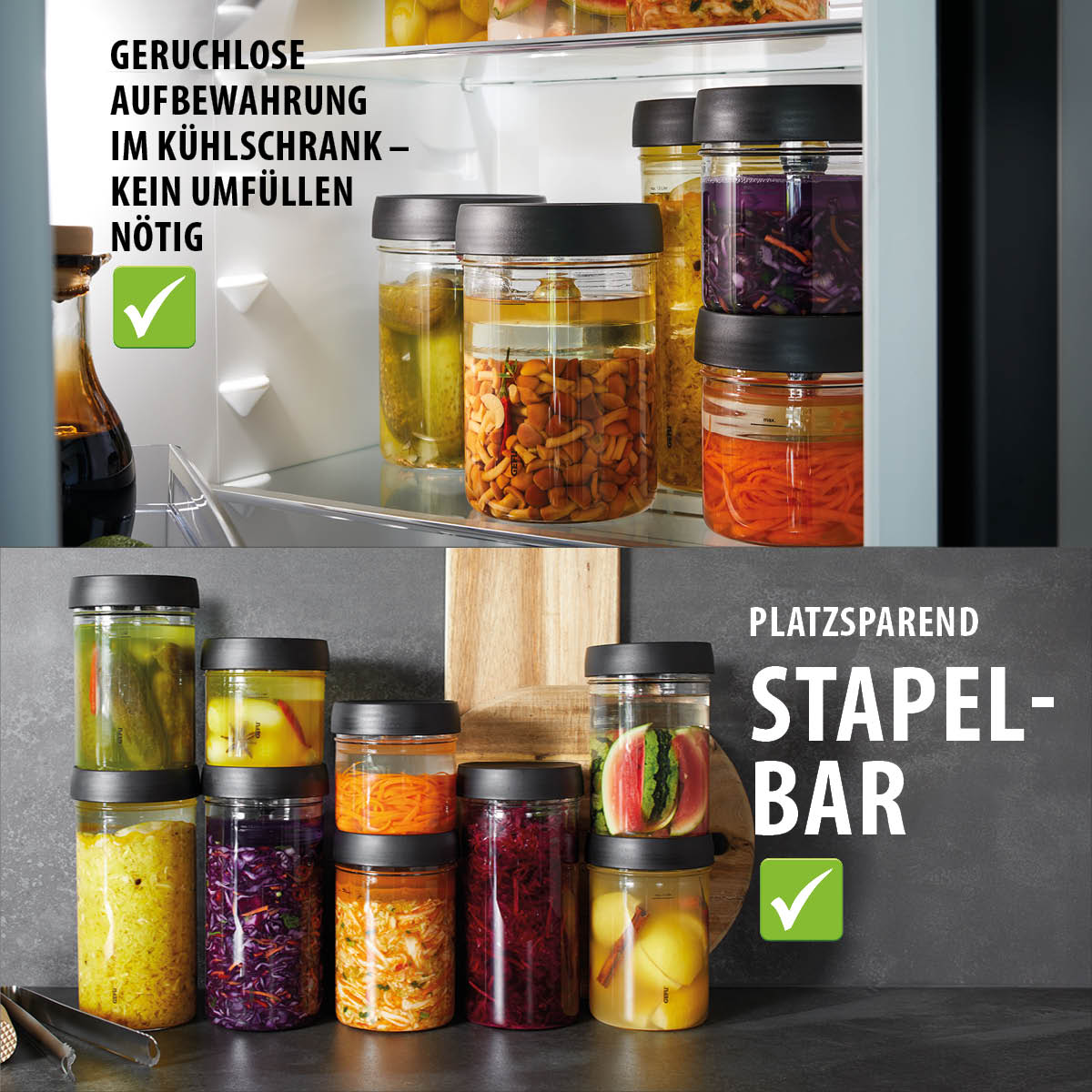 Praktische Glasbehälter für geruchsfreie Kühlschrankaufbewahrung Verschiedene stapelbare Glasbehälter mit schwarzem Deckel, gefüllt mit Gemüse, im Kühlschrank und auf einem Tisch arrangiert. Ideal für geruchsfreie Aufbewahrung.