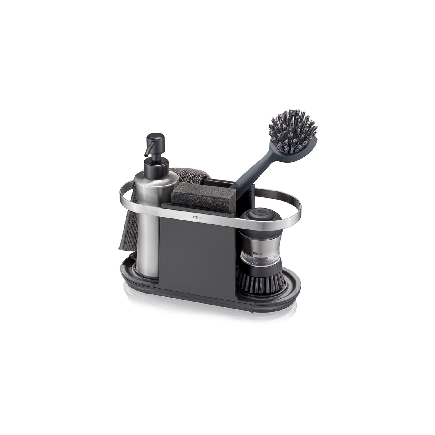 Küchenorganizer-Set mit Spülmittelspender und Bürste Abgebildet ist ein moderner Küchenorganizer mit Spülmittelspender, Spülbürste, Schwamm und Halterung. Ideal für die Ordnung in der Küche.