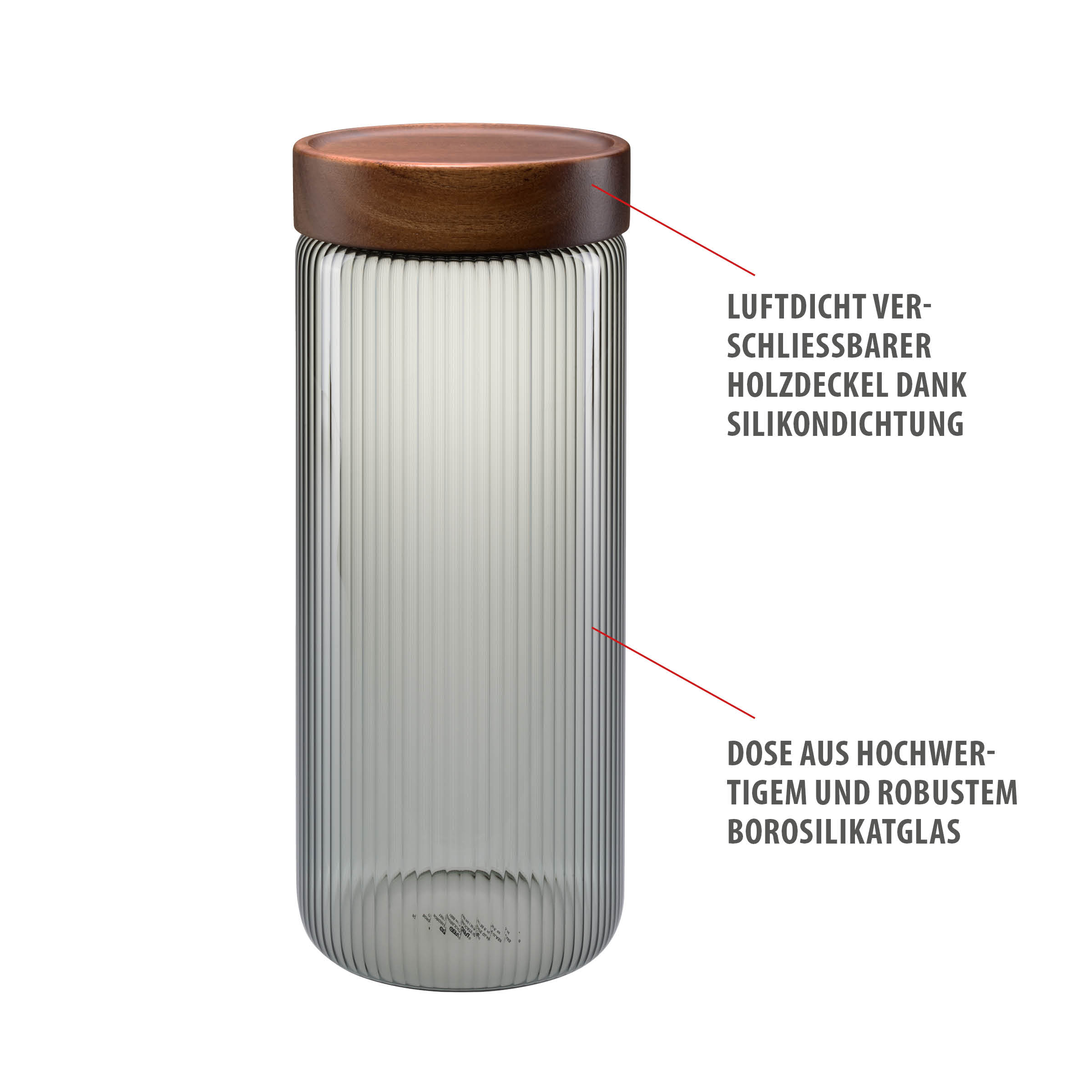 Geriffelte Vorratsdose GEFU BOKARO 1.500 ml aus robustem Borosilikatglas in smoke grey mit luftdicht schließendem Holzdeckel und Silikondichtung für die stilvolle, aromadichte Aufbewahrung von Lebensmitteln