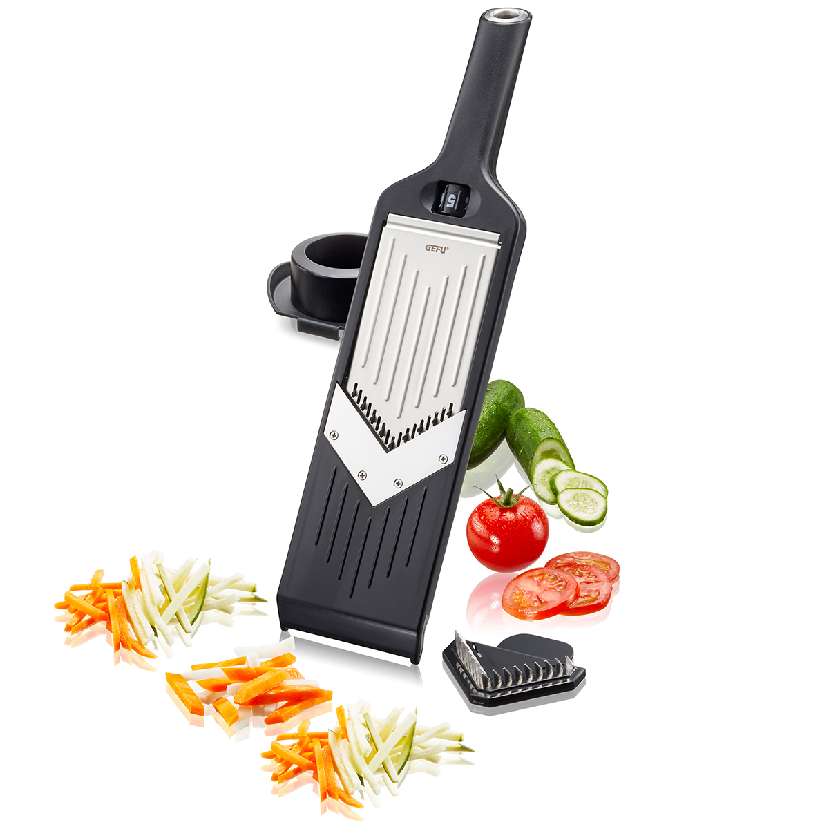 Gemüsehobel mit verstellbarer Klinge – Perfekt zum Zerkleinern von Gemüse Gemüsehobel mit schwarzen Griff, umgeben von geschnittenem Gemüse wie Karotten, Zucchini und Tomaten.